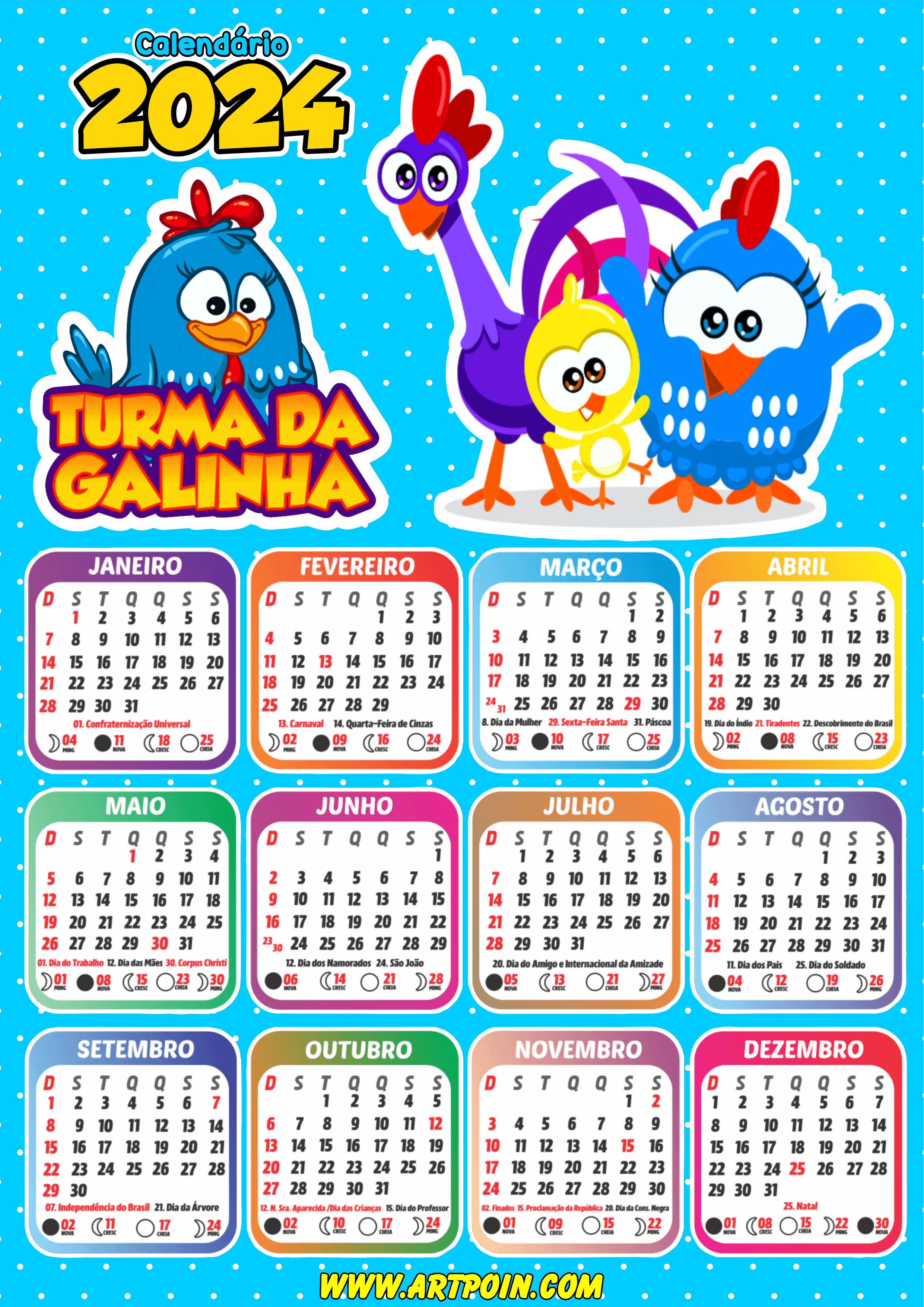 Calendário 2024 galinha pintadinha desenho infantil personalizado artes gráficas papelaria criativa pronto para imprimir png