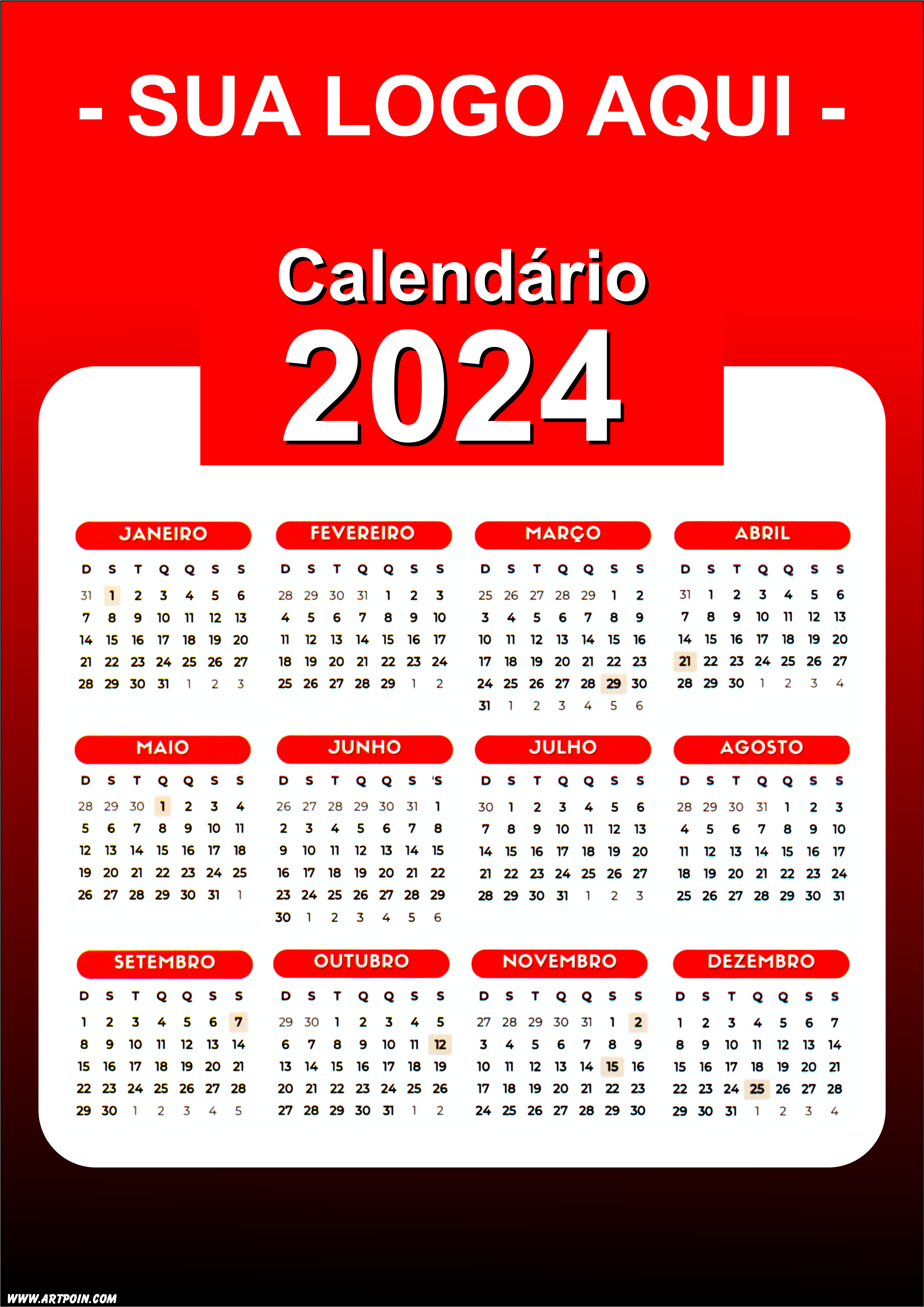 Calendário 2024 modelo vermelho para personalização com a logo da sua loja png