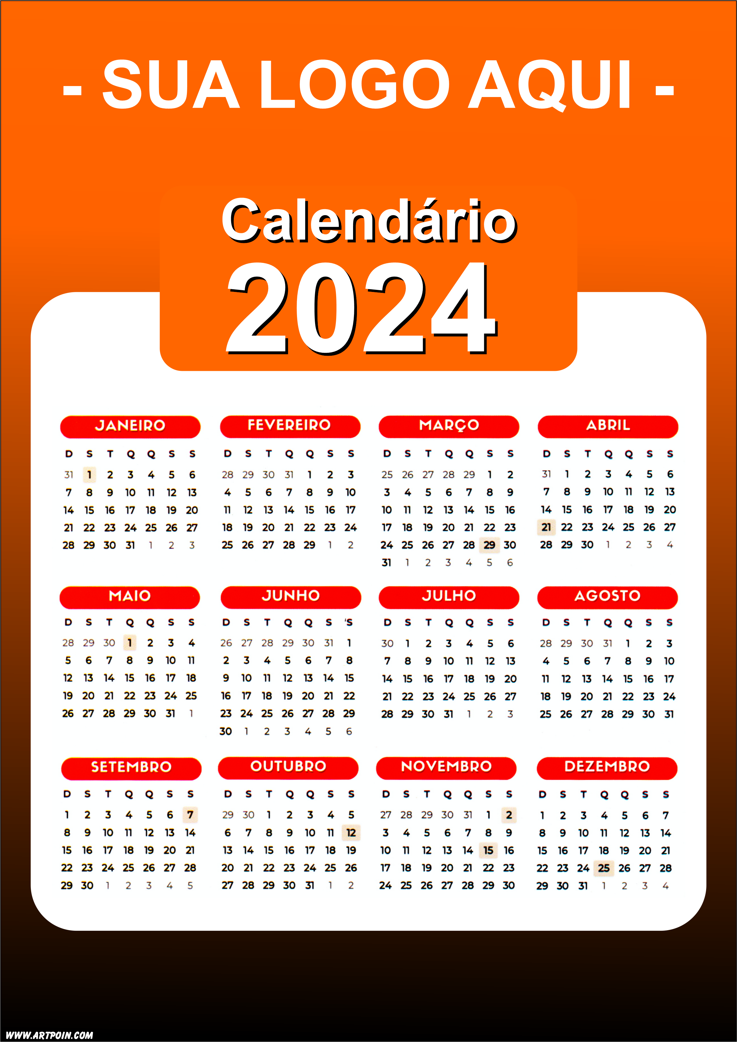 Calendário 2024 modelo laranja para personalização com a logo da sua loja png