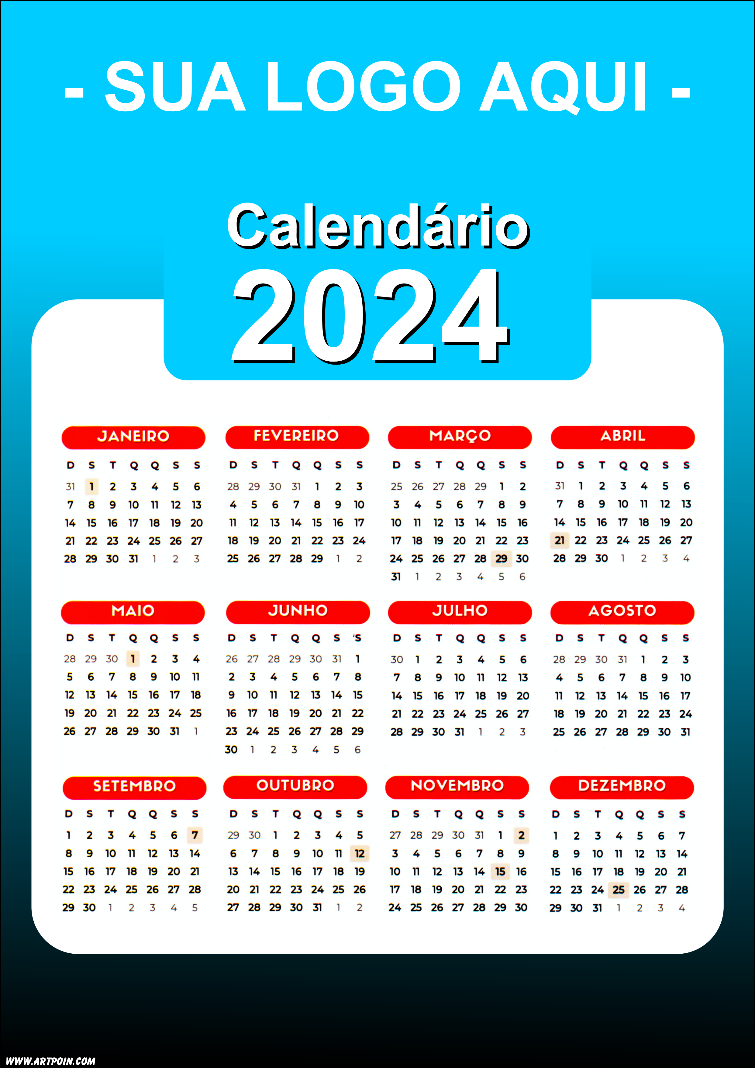 Calendário 2024 modelo azul para personalização com a logo da sua loja png