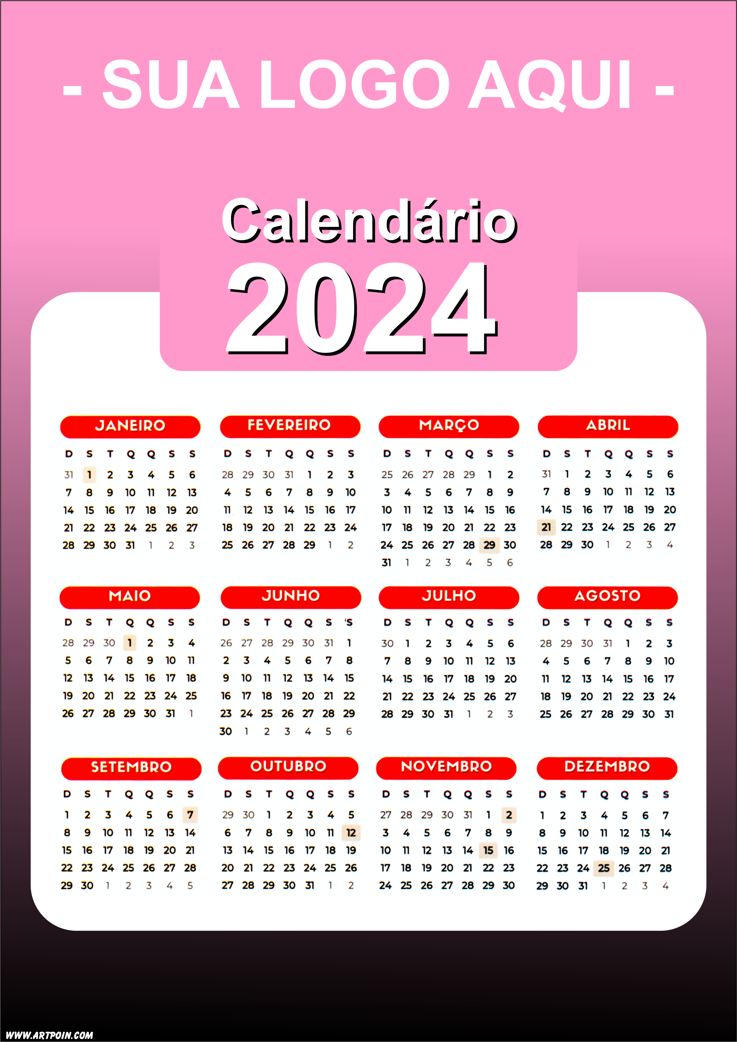 Calendário 2024 modelo rosa para personalização com a logo da sua loja png
