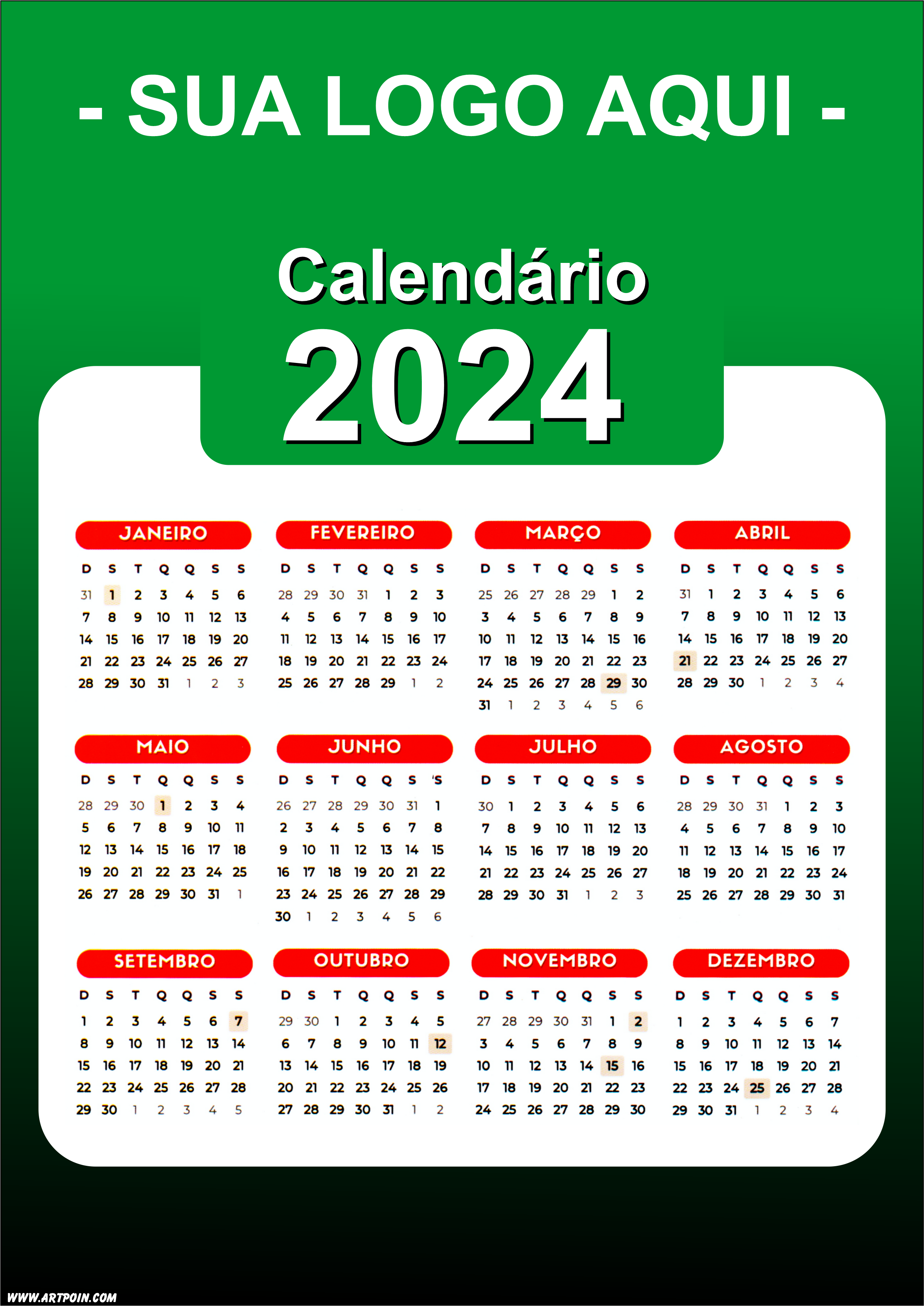 Calendário 2024 modelo verde para personalização com a logo da sua loja png