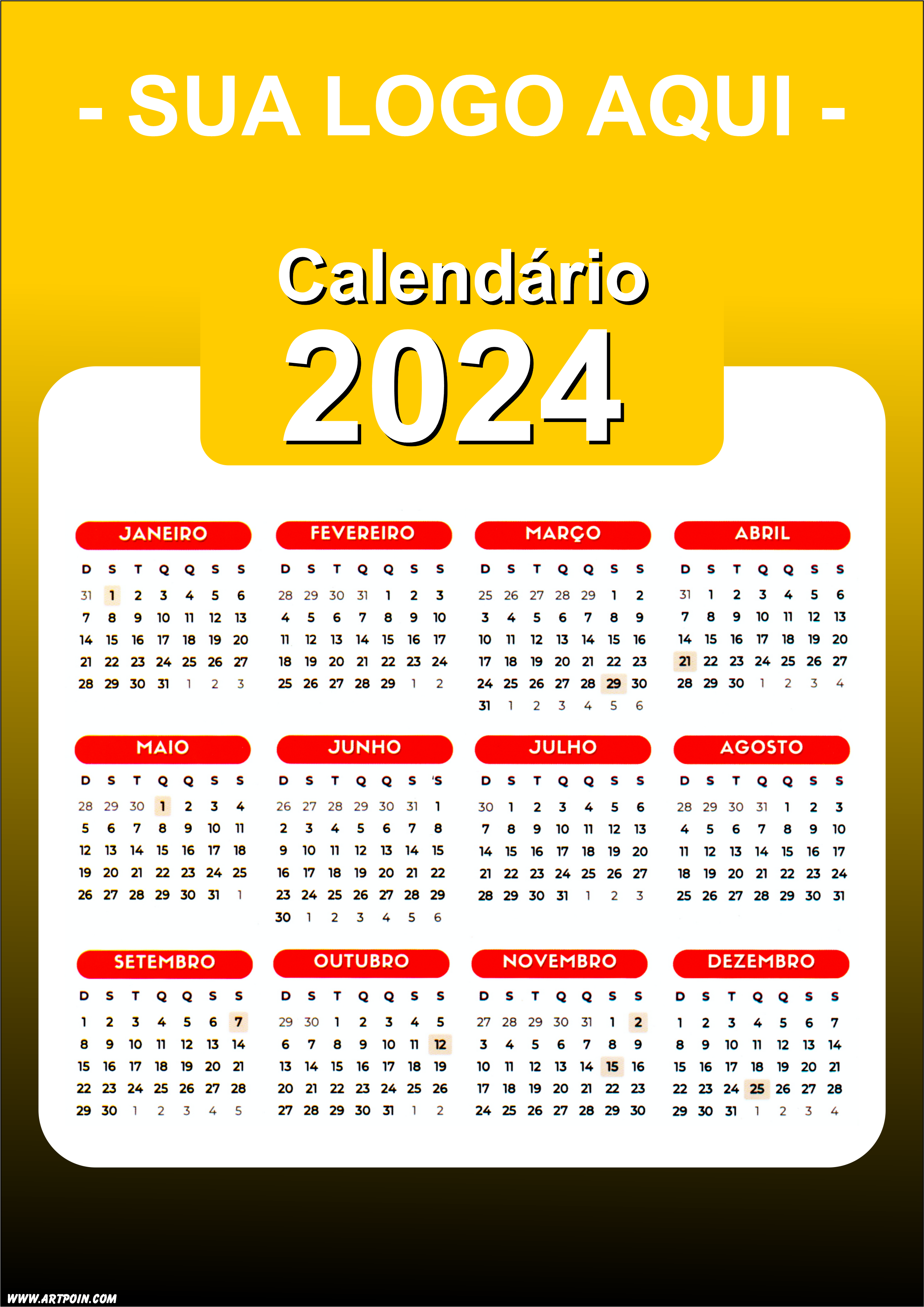 Calendário 2024 modelo amarelo para personalização com a logo da sua loja png