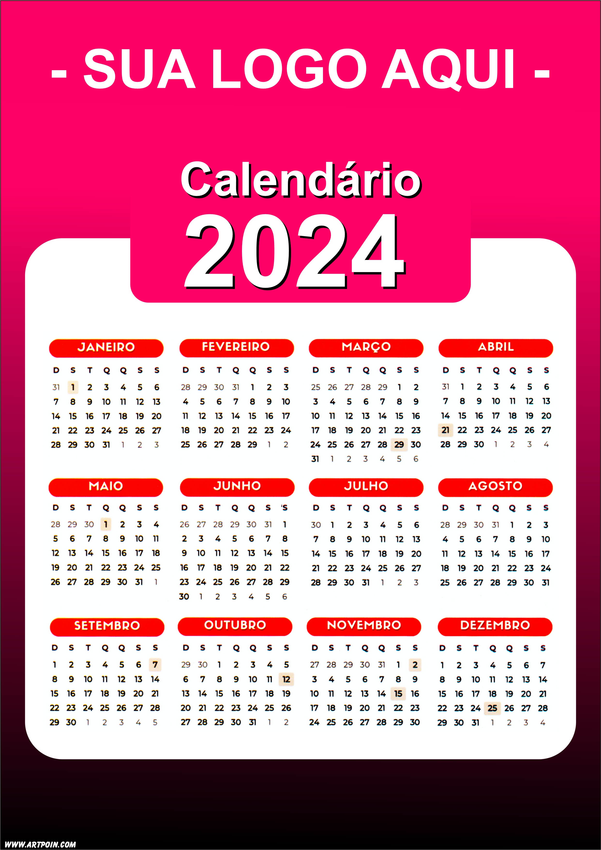 Calendário 2024 modelo rosa escuro para personalização com a logo da sua loja png
