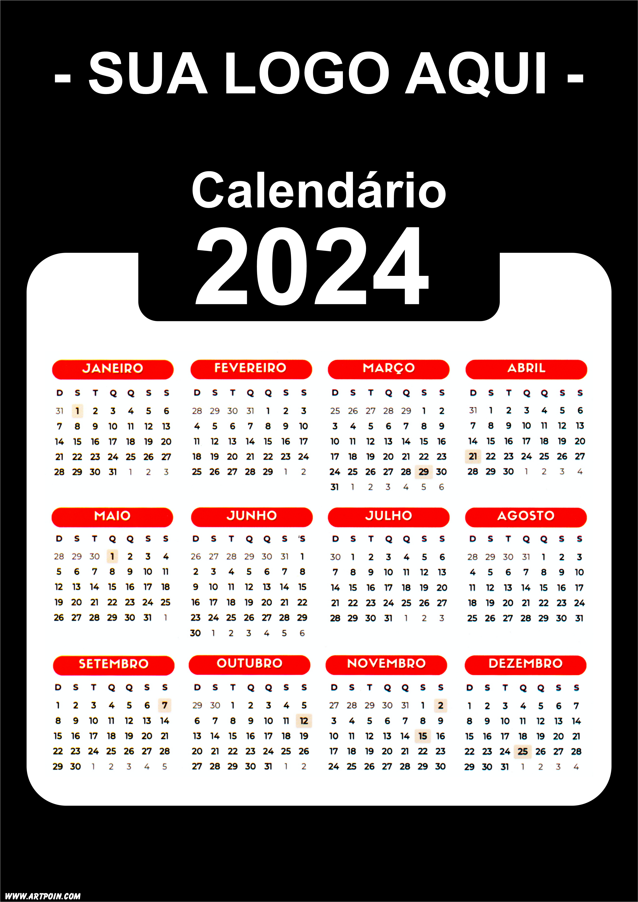 Calendário 2024 modelo preto para personalização com a logo da sua loja png