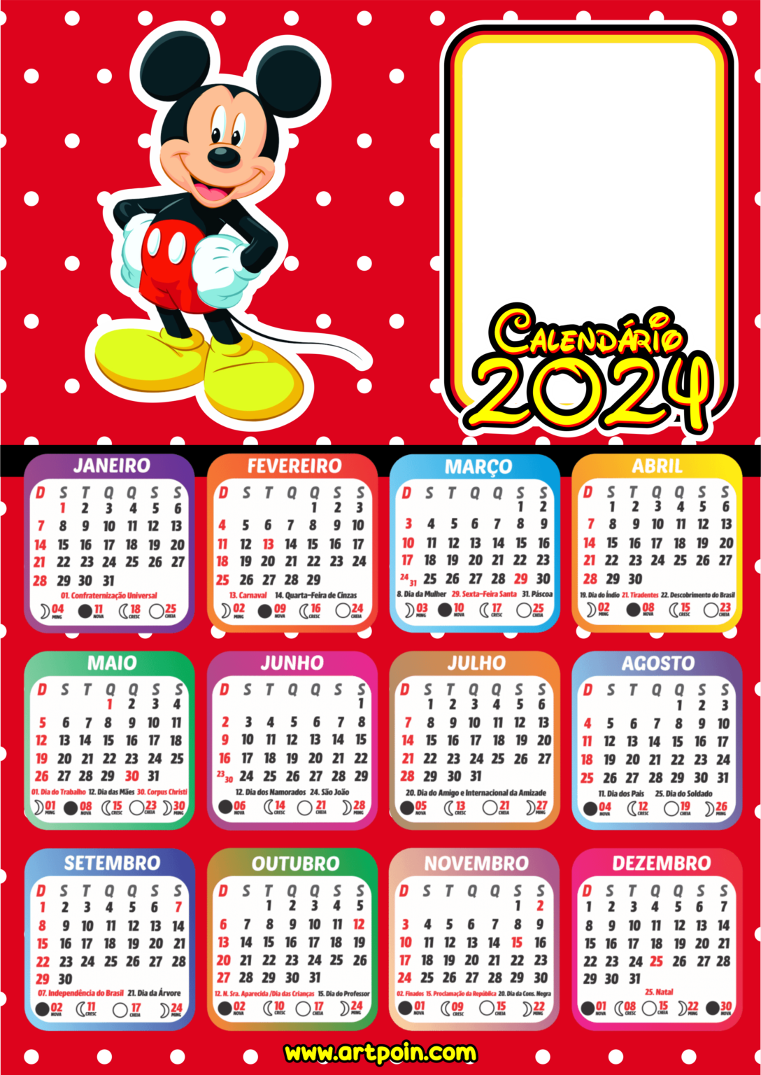 Calendário 2024 personalizado Mickey Mouse png