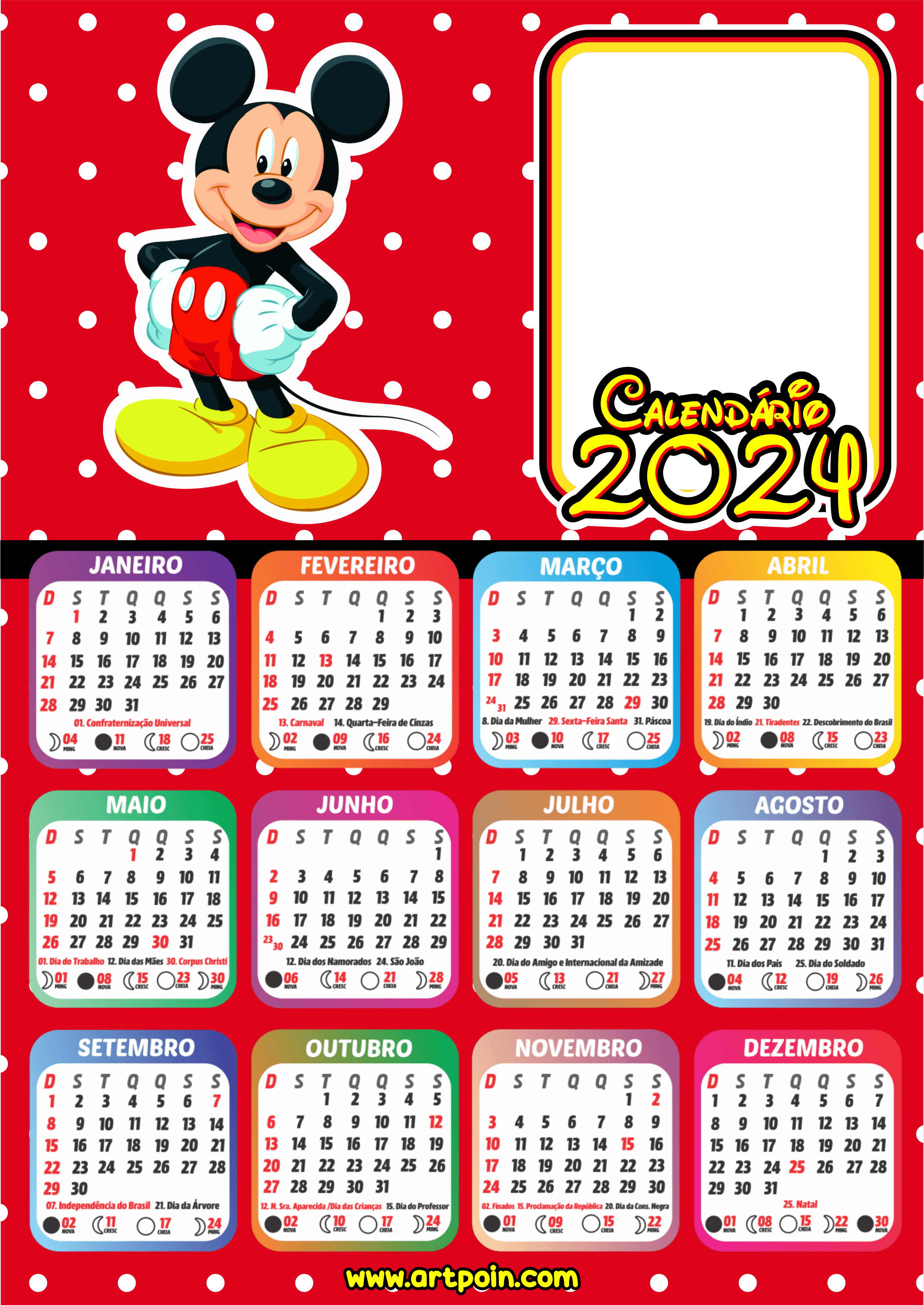 Calendário 2024 personalizado Mickey Mouse png