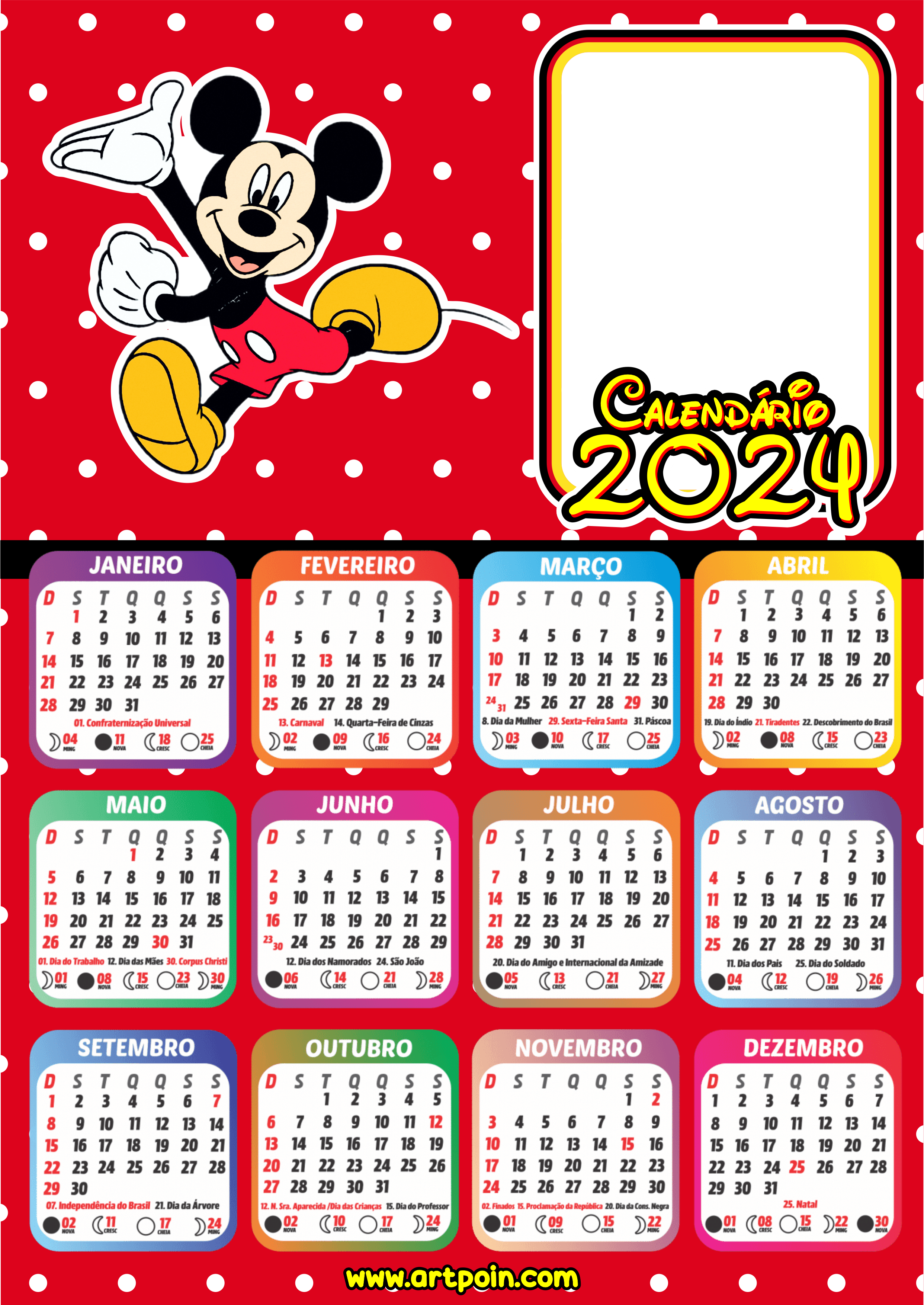 Calendário 2024 personalizado Mickey Mouse Disney png