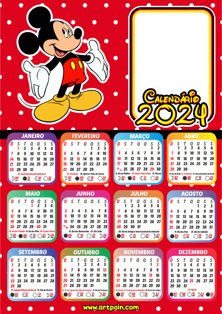 Calendário 2024 personalizado com foto Mickey Mouse png