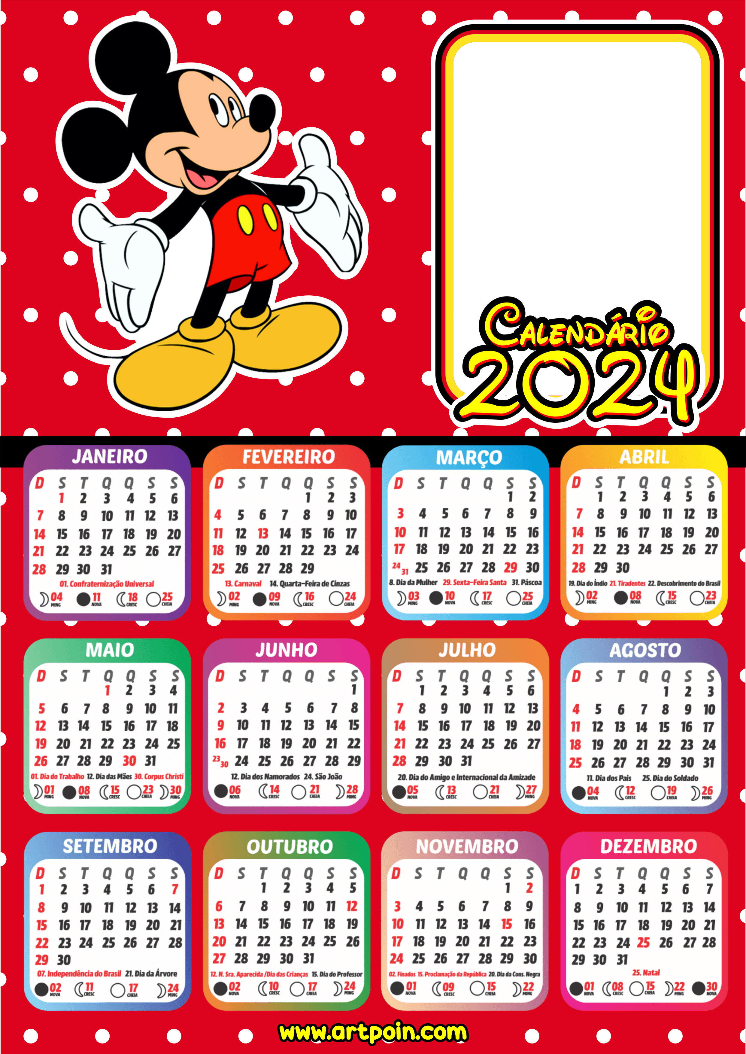 Calendário 2024 personalizado com foto Mickey Mouse png