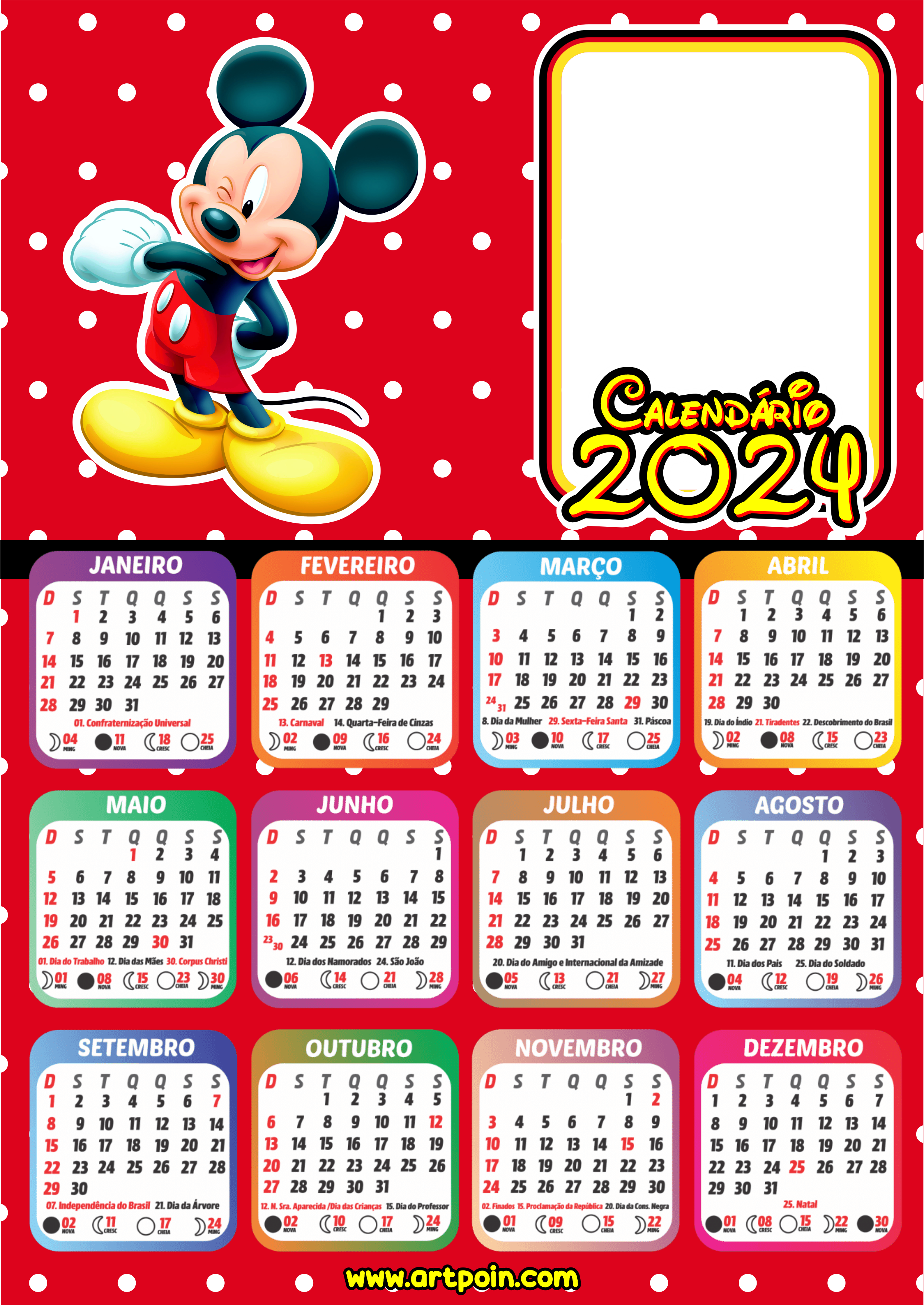 Calendário 2024 personalizado com foto Mickey Mouse papelaria criativa png