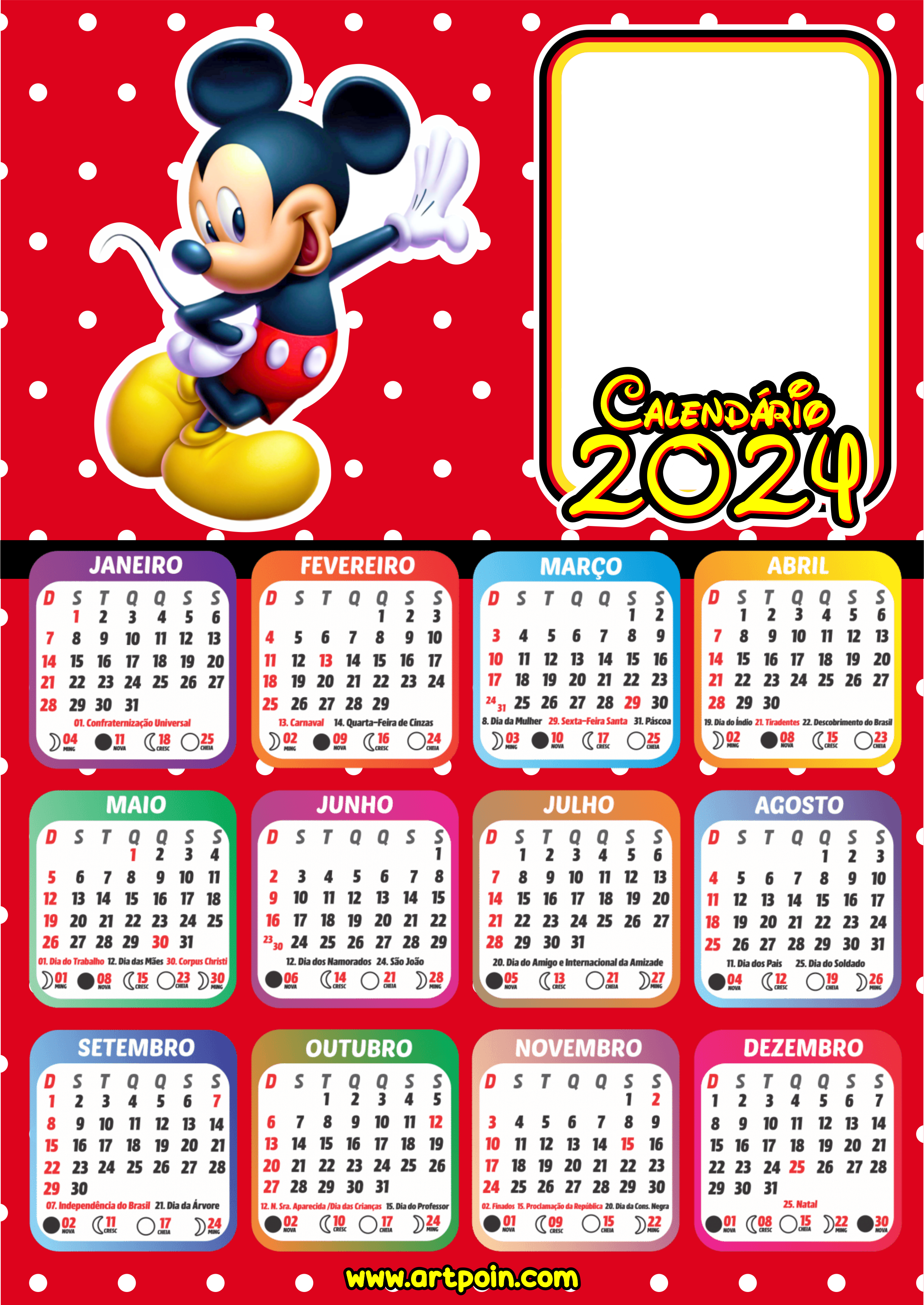 Calendário 2024 personalizado com foto Mickey Mouse Disney desenho infantil papelaria criativa design png