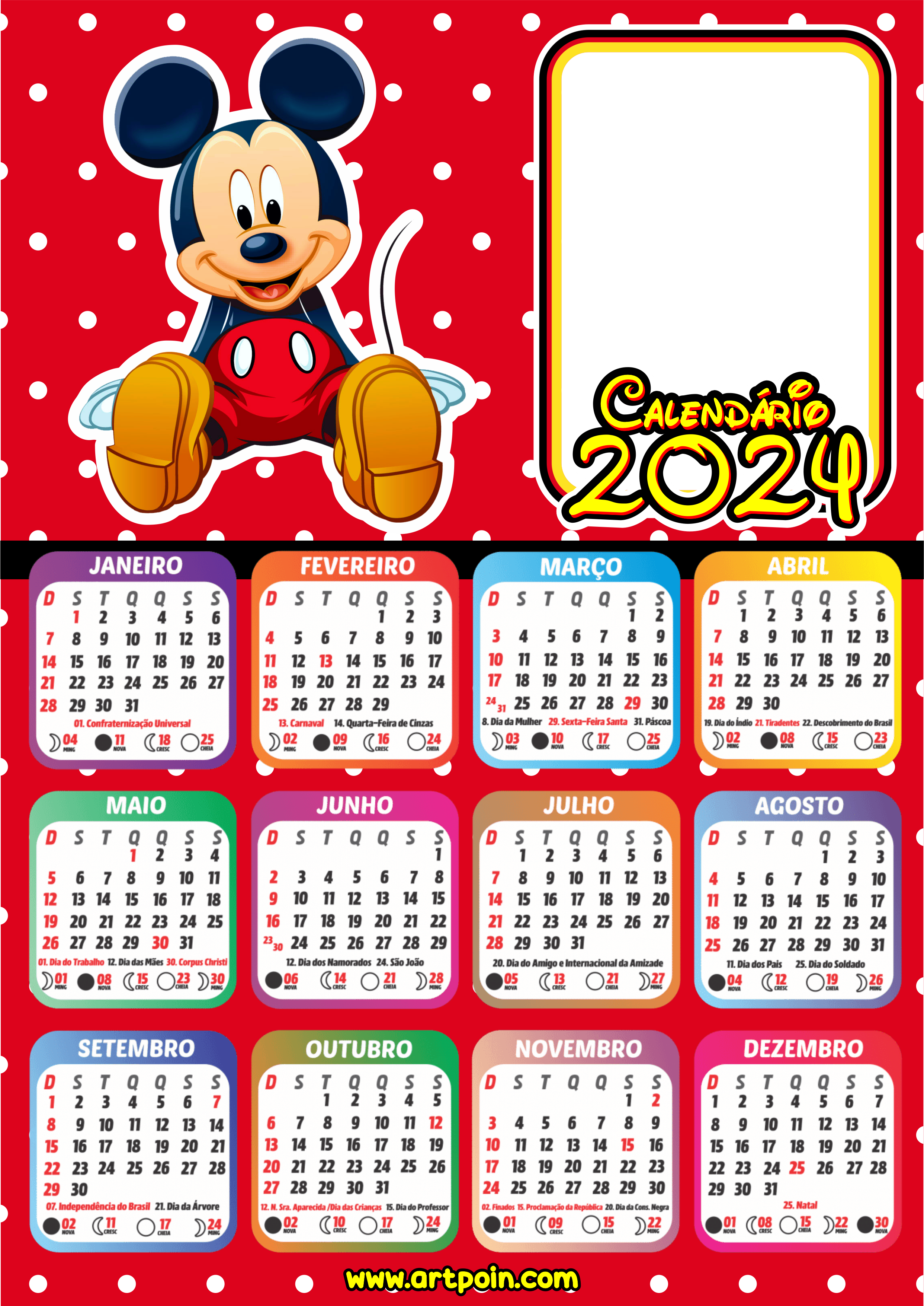 Calendário 2024 personalizado com foto Mickey Mouse Disney desenho infantil papelaria criativa design artes gráficas png