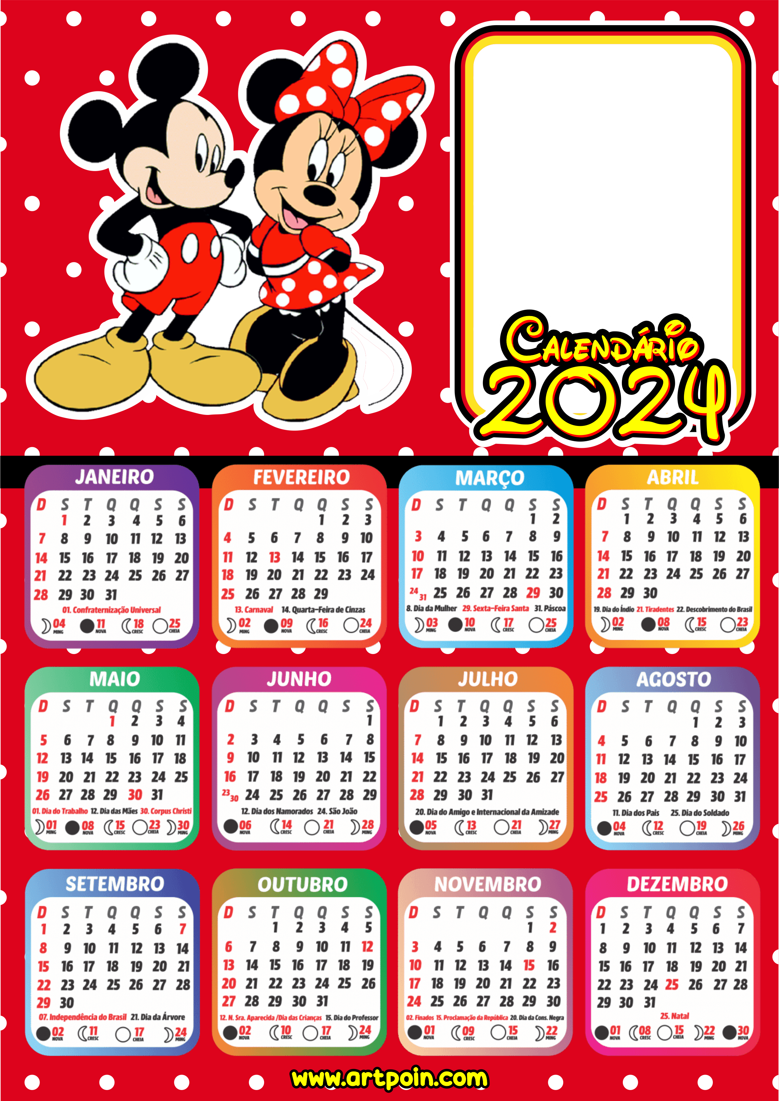 Calendário 2024 personalizado com foto Mickey Mouse Disney desenho infantil papelaria criativa design artes gráficas Minnie png