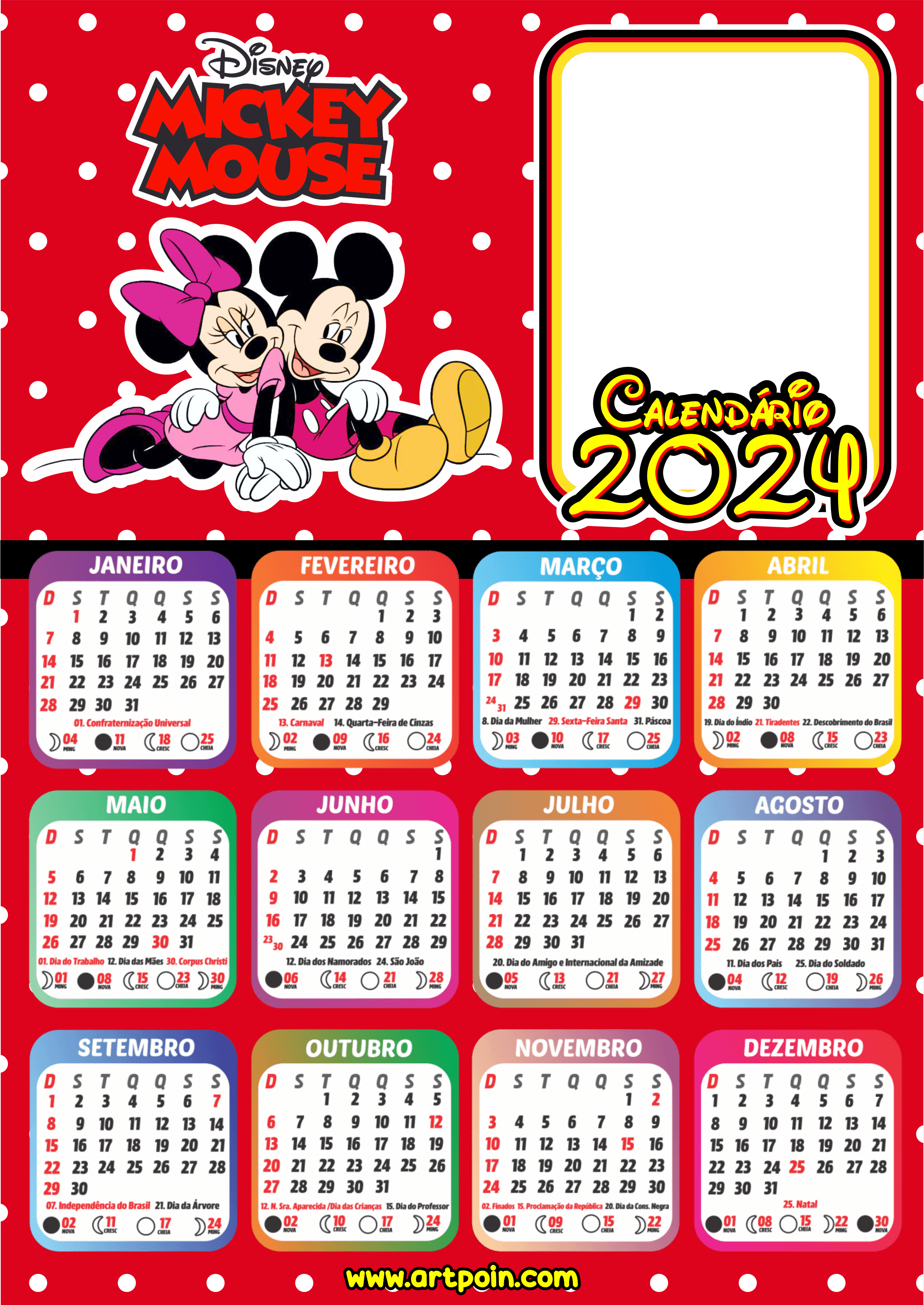 Calendário 2024 personalizado com foto Mickey Mouse Disney desenho infantil renda extra com papelaria Minnie png