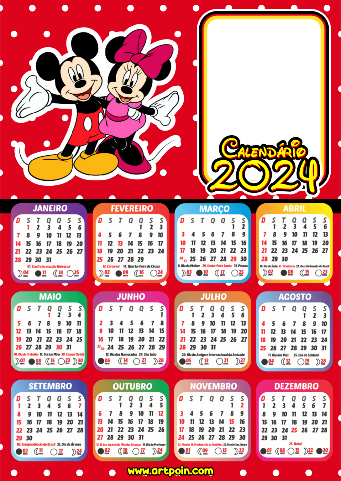 Calendário 2024 personalizado com foto Mickey Mouse Disney desenho