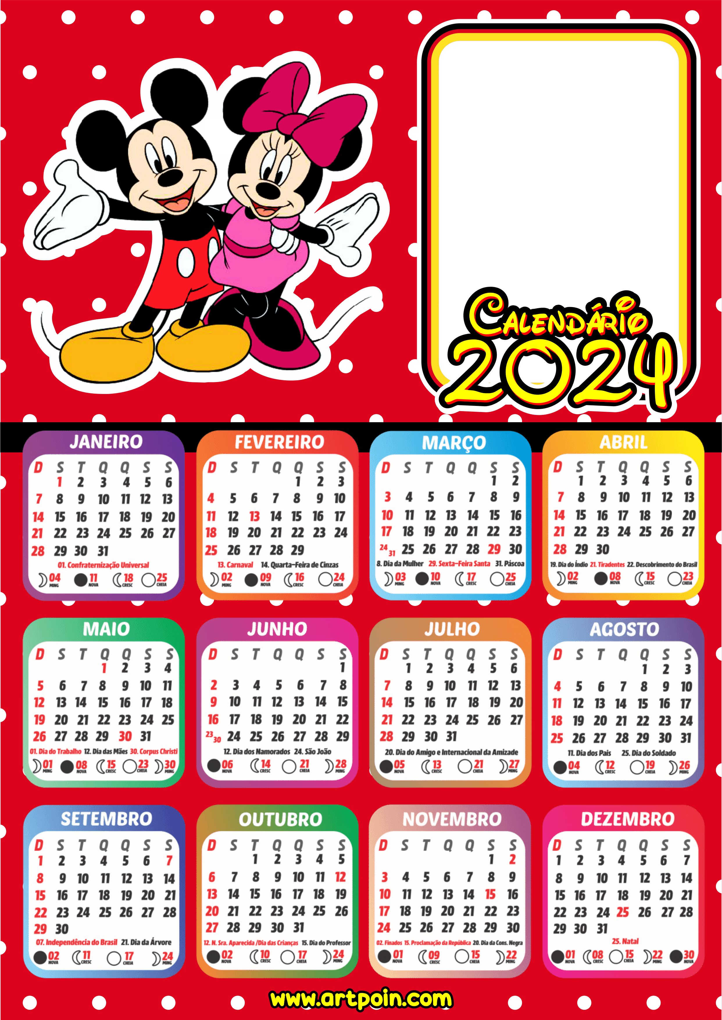 Calendário 2024 personalizado com foto Mickey Mouse Disney desenho infantil renda extra com papelaria Minnie infantil png