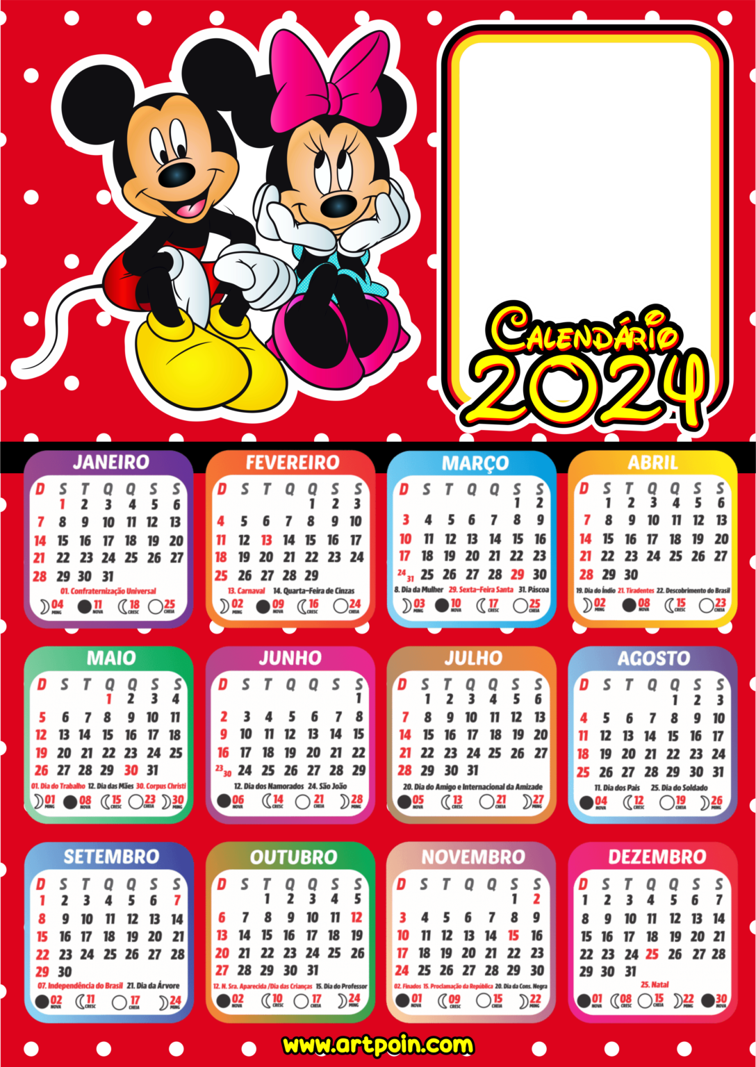 Calendário 2024 personalizado com foto Mickey Mouse Disney desenho