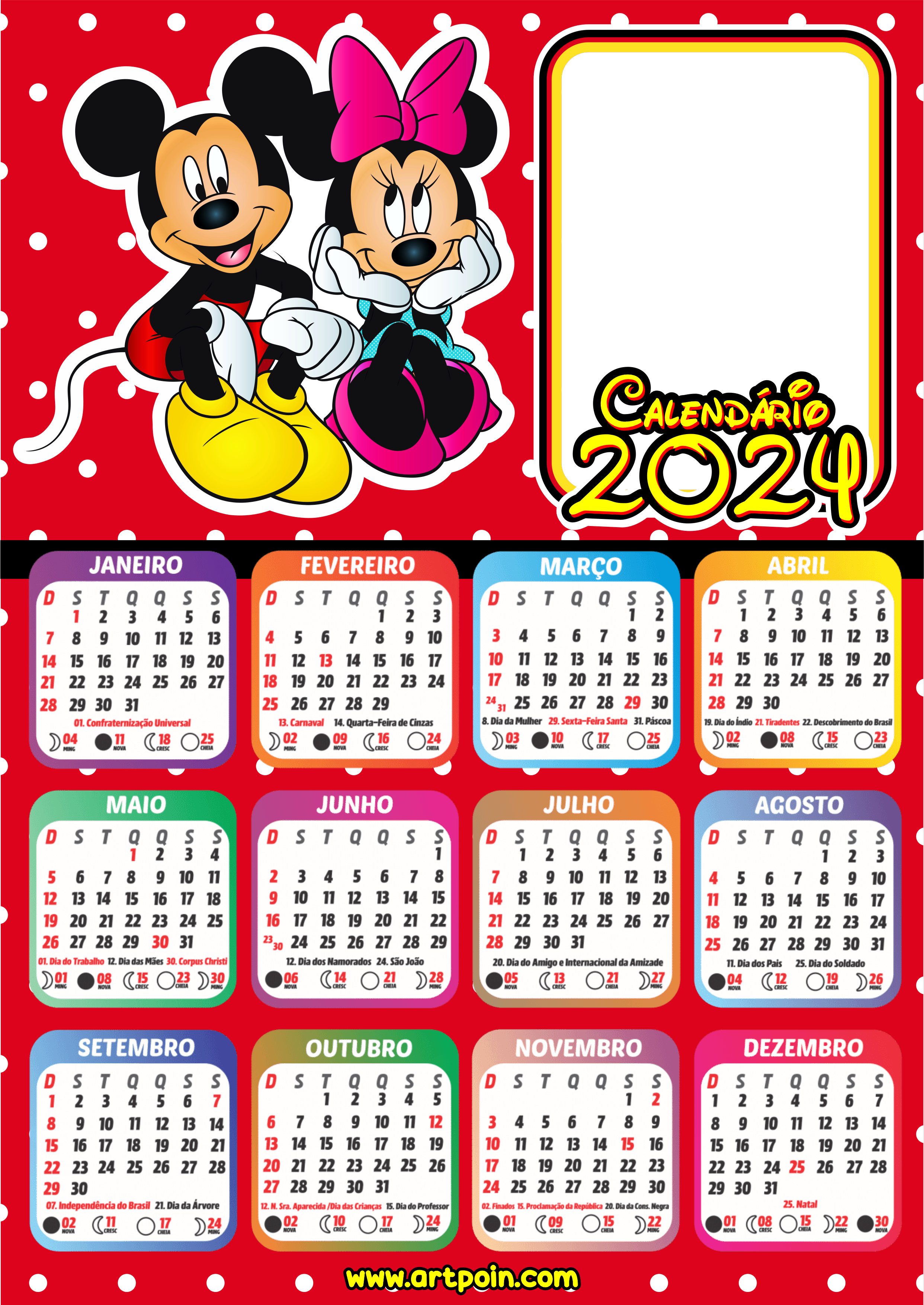 Calendário 2024 personalizado com foto Mickey Mouse Disney desenho infantil renda extra com papelaria Minnie infantil imprimir png