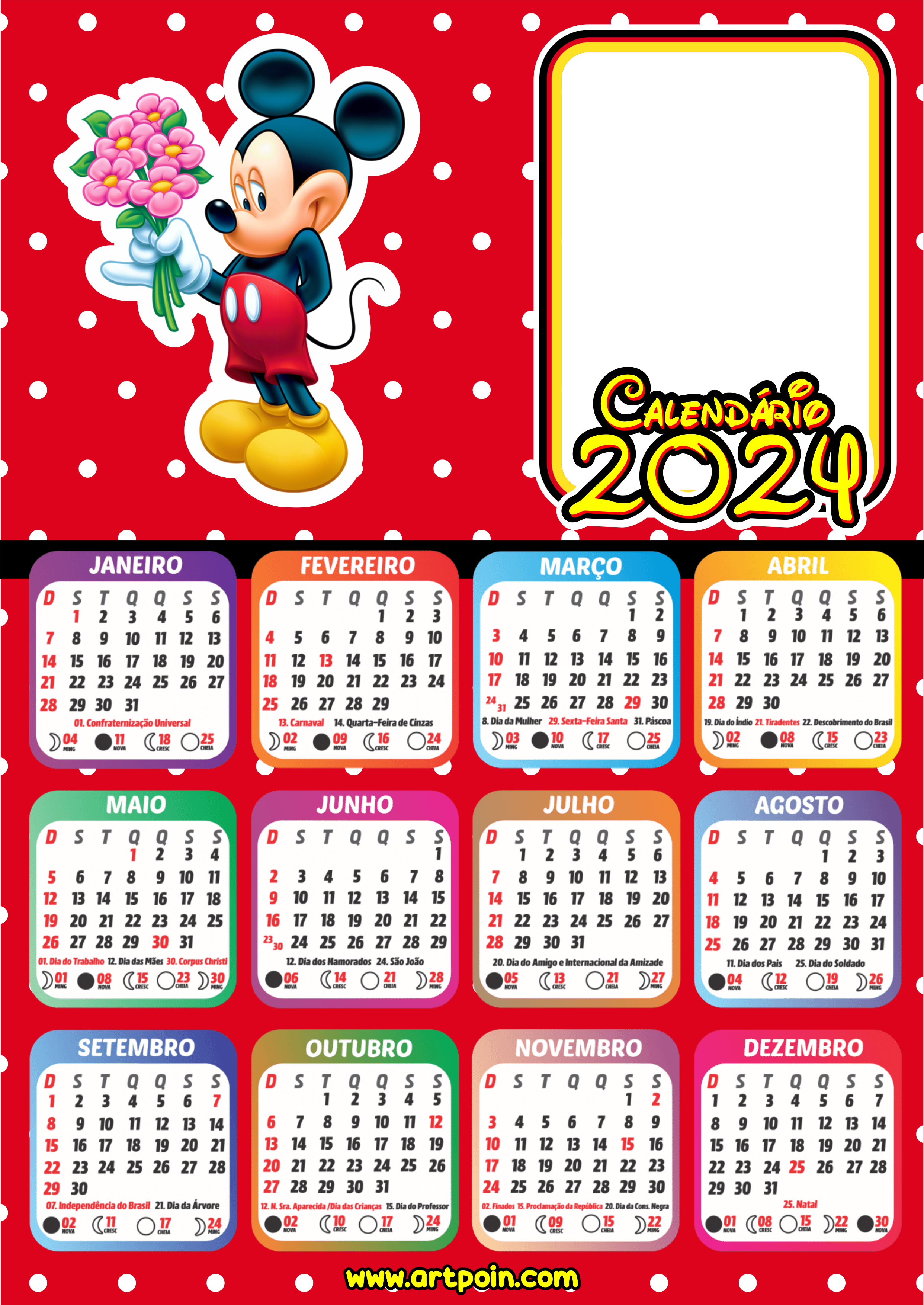 Calendário 2024 personalizado Mickey Mouse com flores Disney png