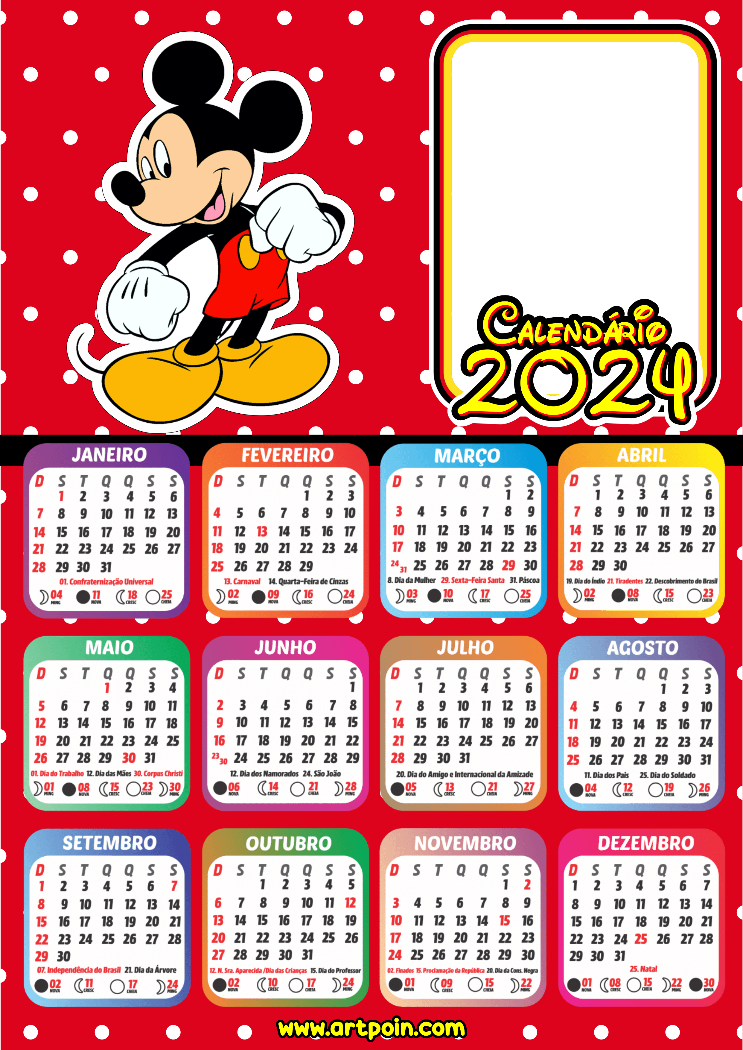 Calendário 2024 personalizado Mickey Mouse personagens Disney png