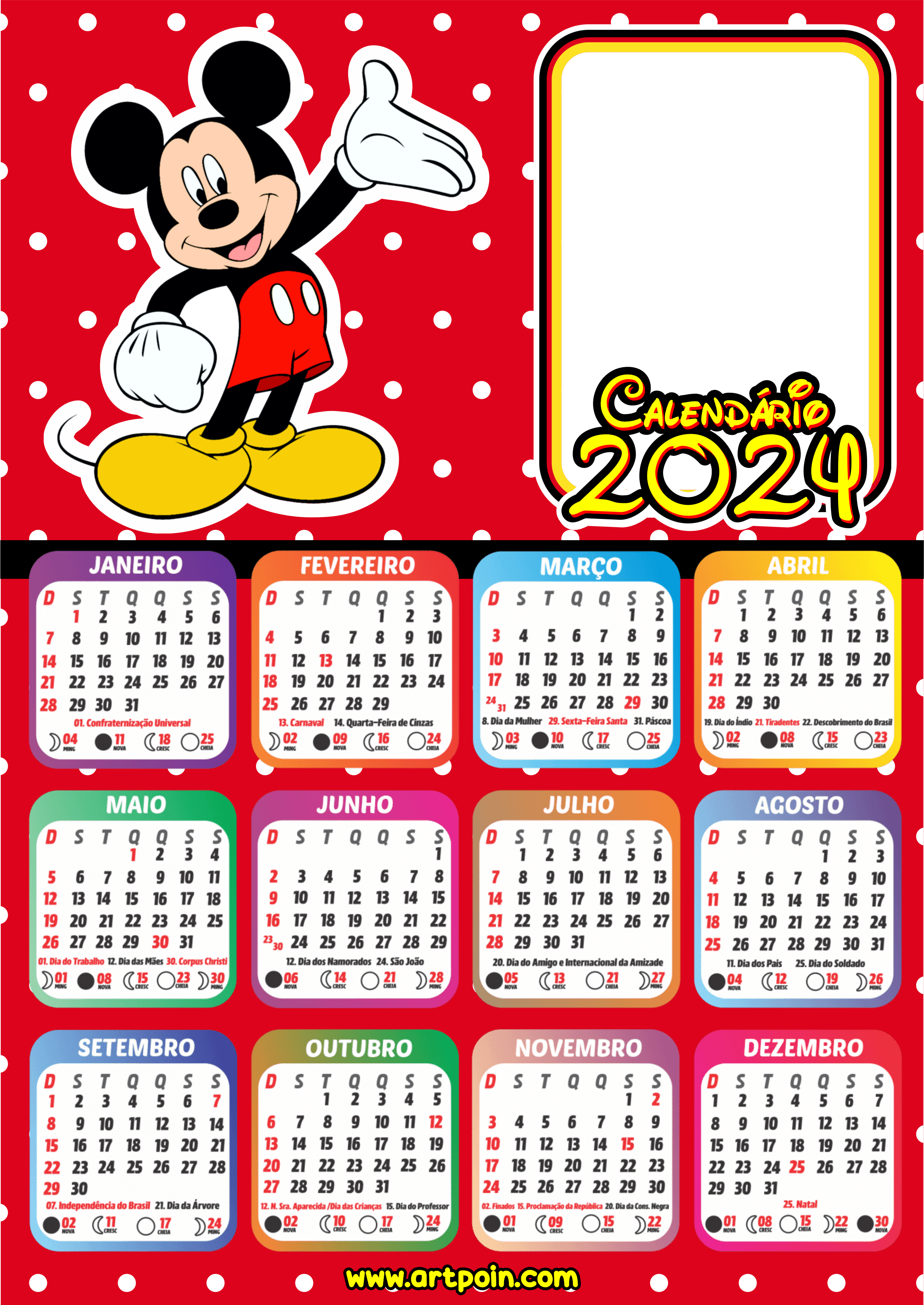 Calendário 2024 personalizado Mickey Mouse personagens Disney desenho png