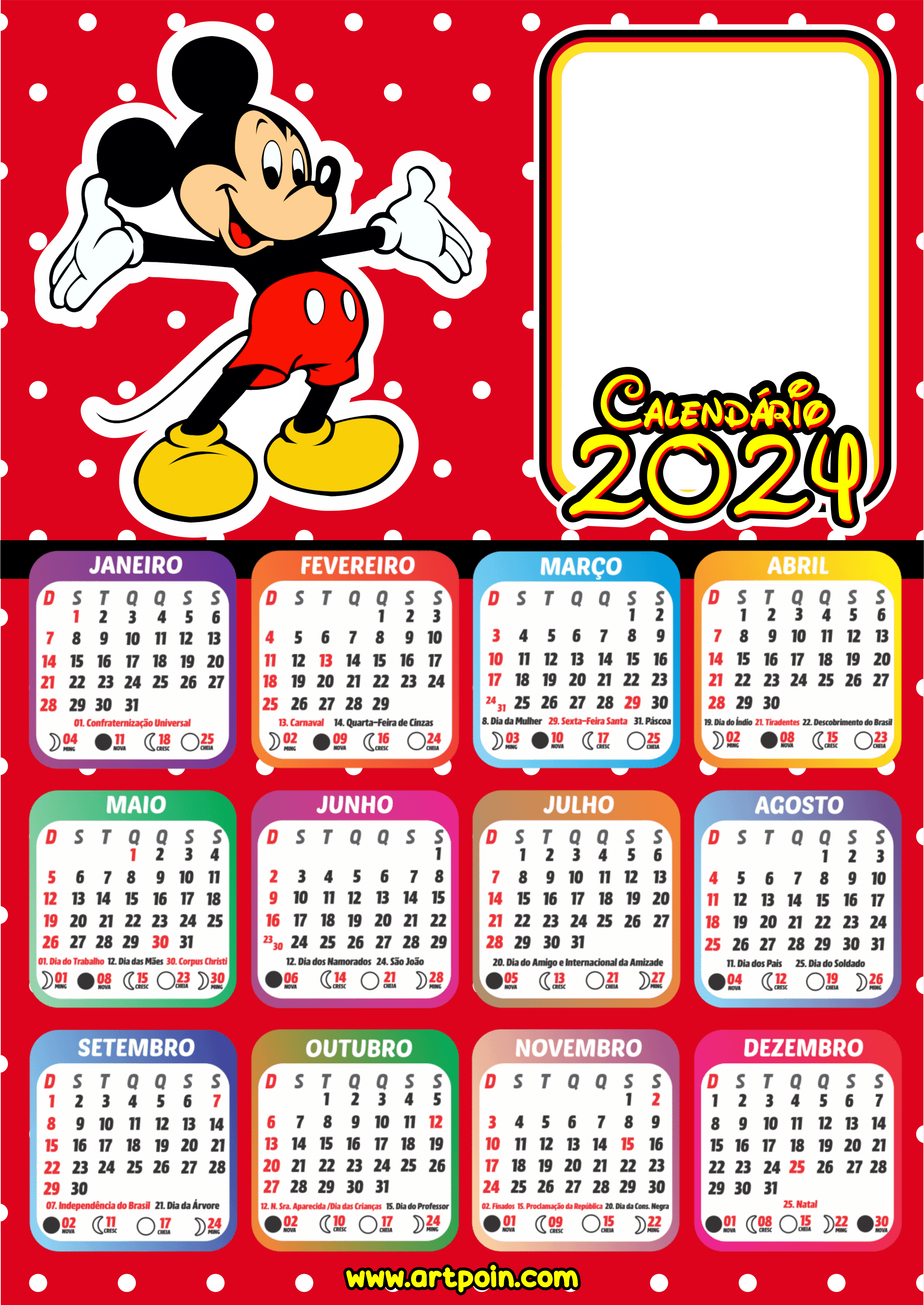 Calendário 2024 personalizado Mickey Mouse personagens Disney desenho infantil png