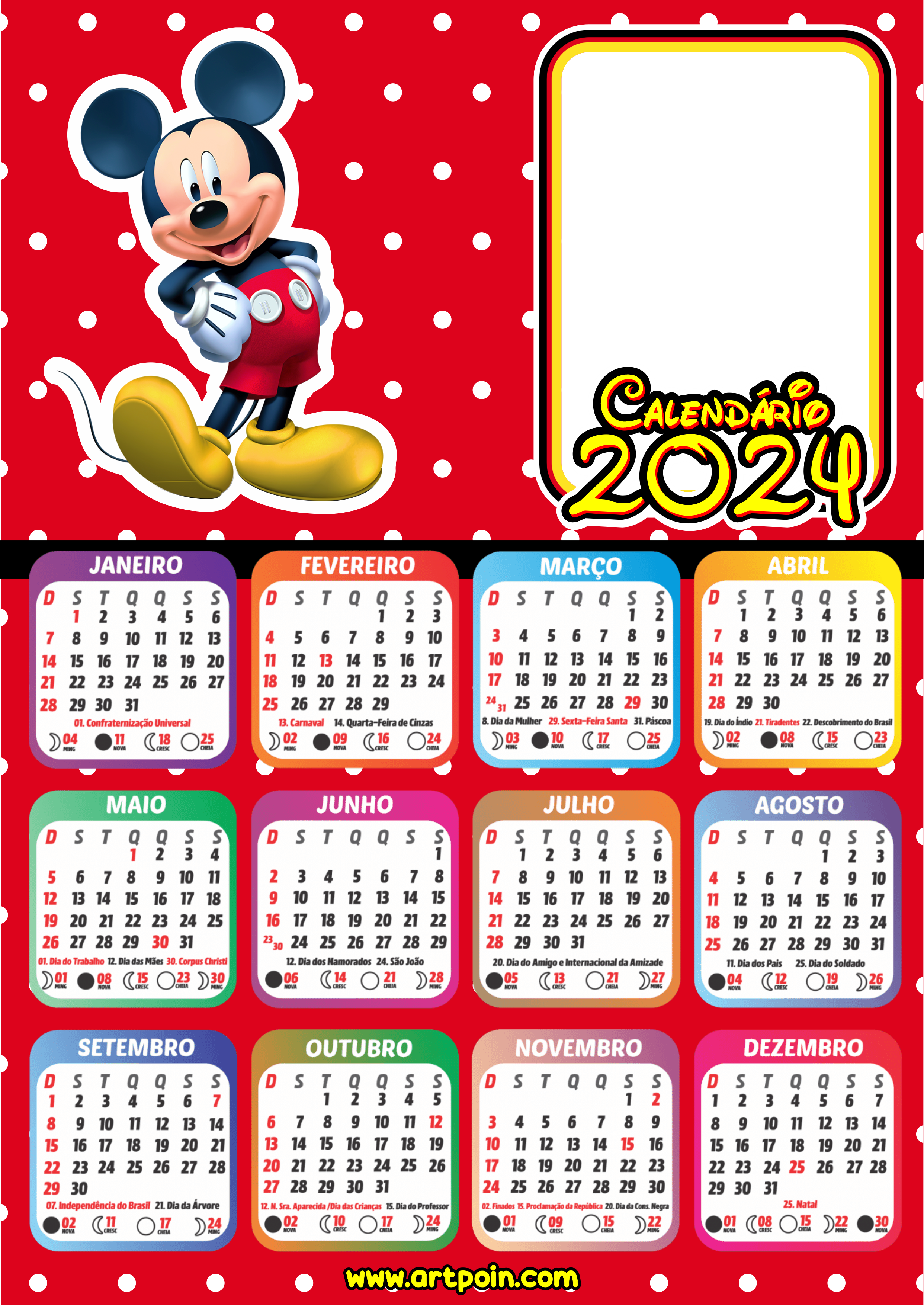 Calendário 2024 personalizado Mickey Mouse personagens Disney desenho infantil papelaria png