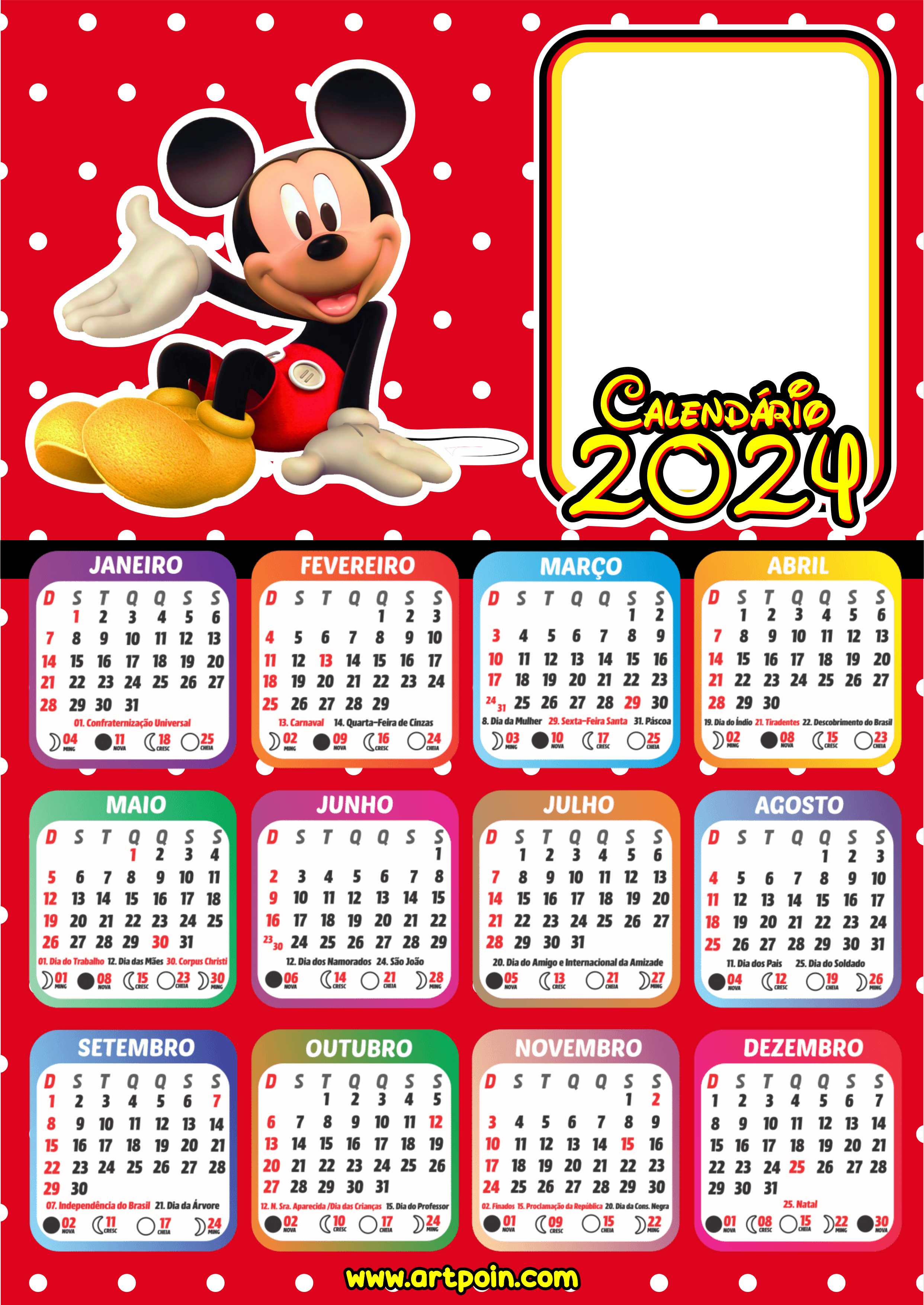 Calendário 2024 personalizado Mickey Mouse personagens Disney desenho infantil papelaria criativa png