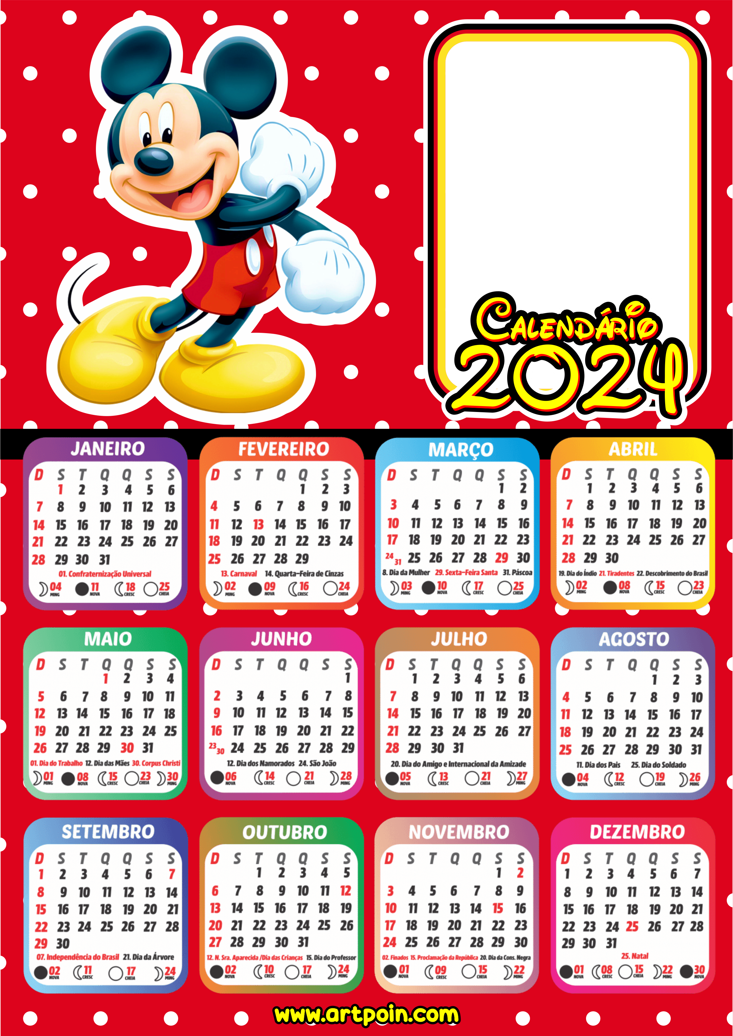 Calendário 2024 personalizado Mickey Mouse personagens Disney desenho infantil lembrancinha png