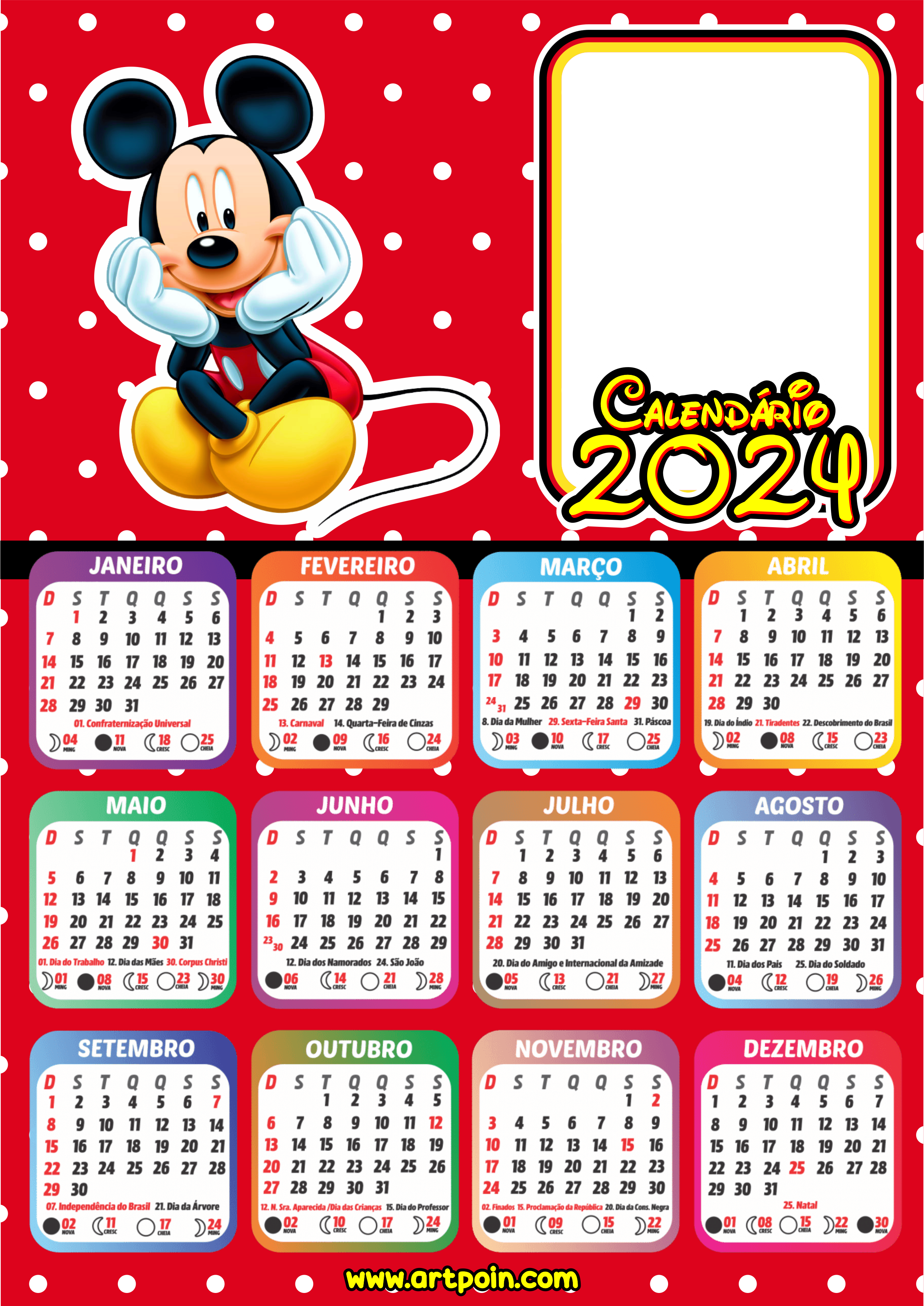 Calendário 2024 personalizado Mickey Mouse personagens Disney desenho infantil lembrancinha para festa png