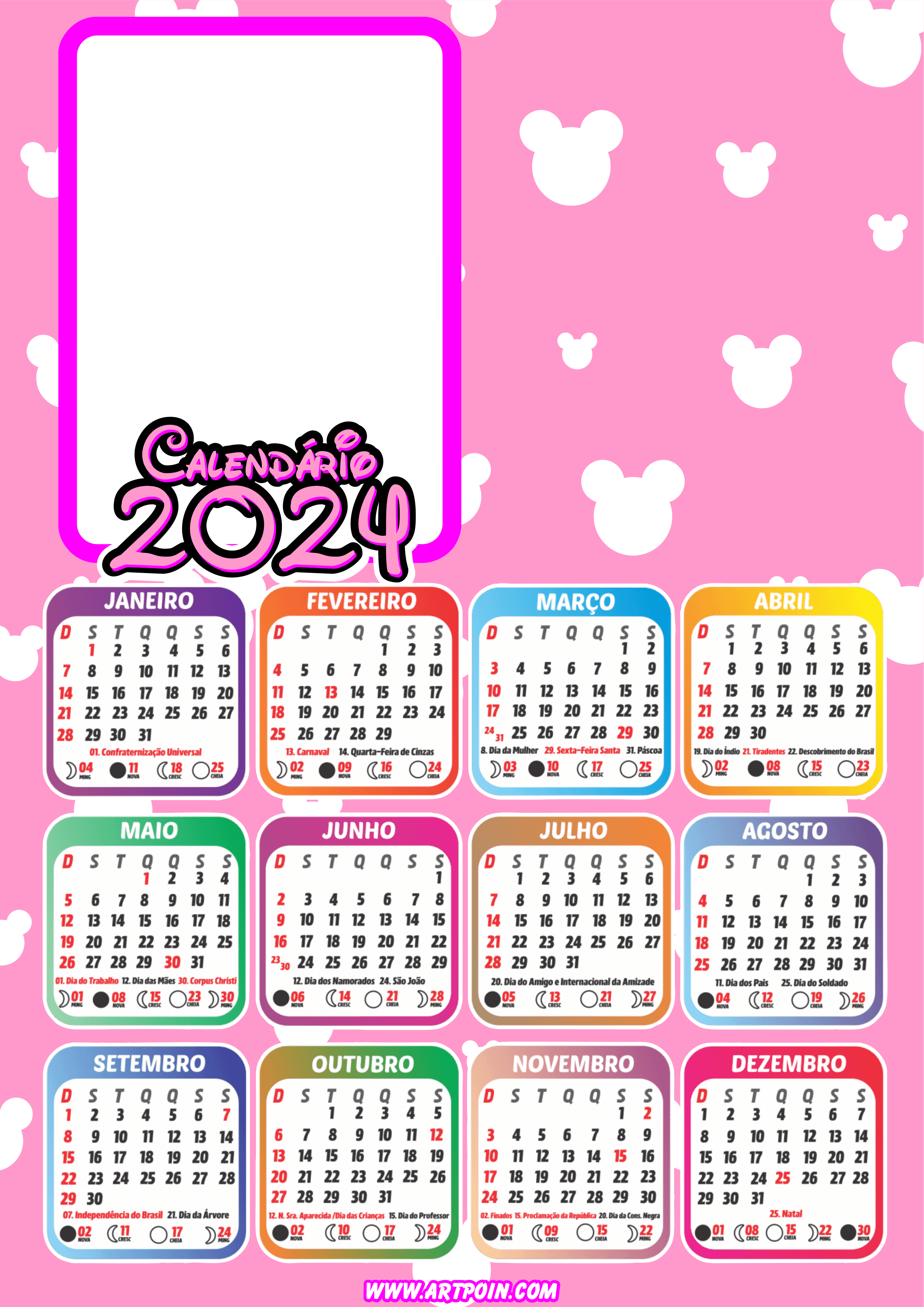 Calendário 2024 Minnie Mouse rosa png