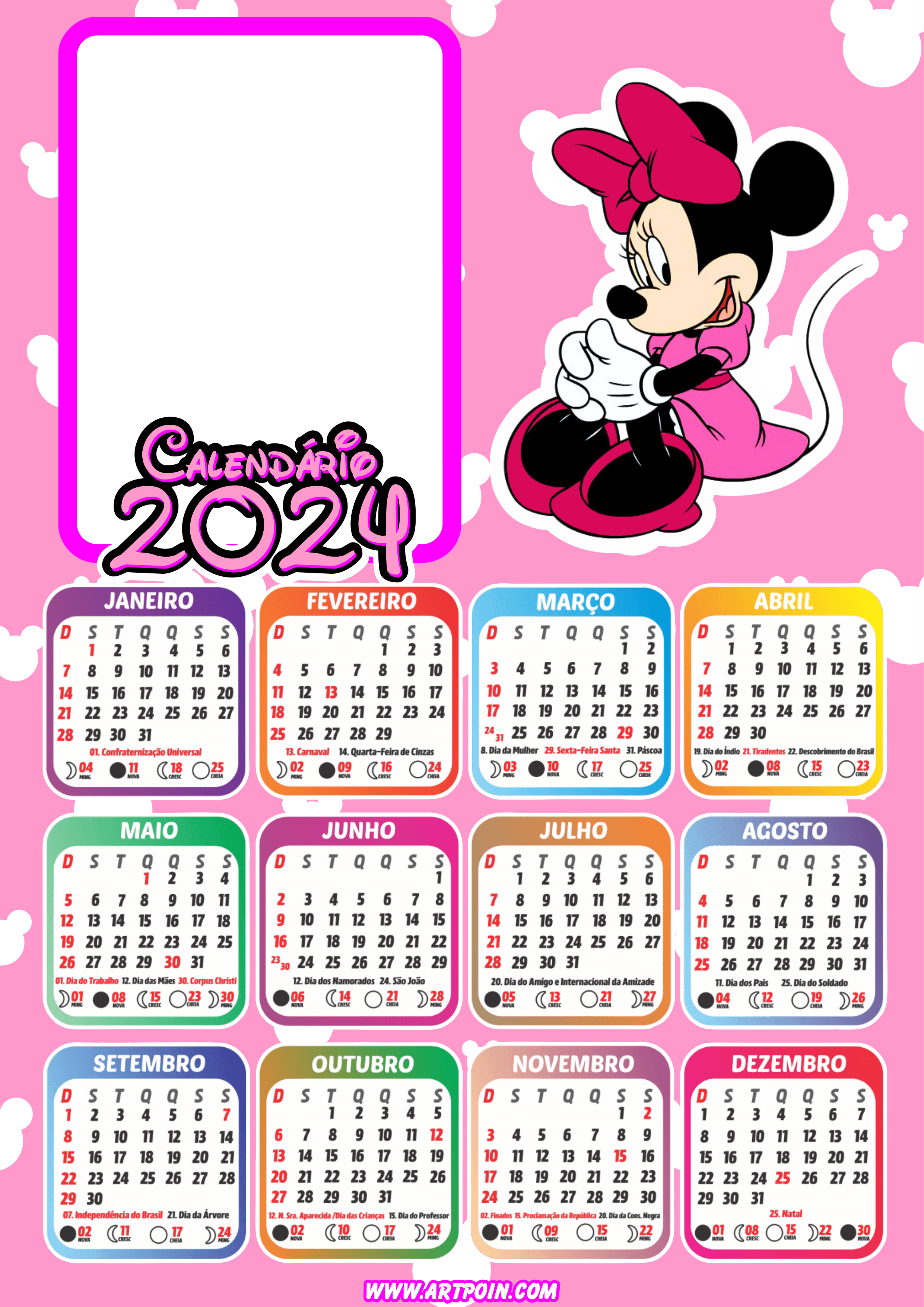 Calendário 2024 Minnie Mouse rosa personalizado com foto png