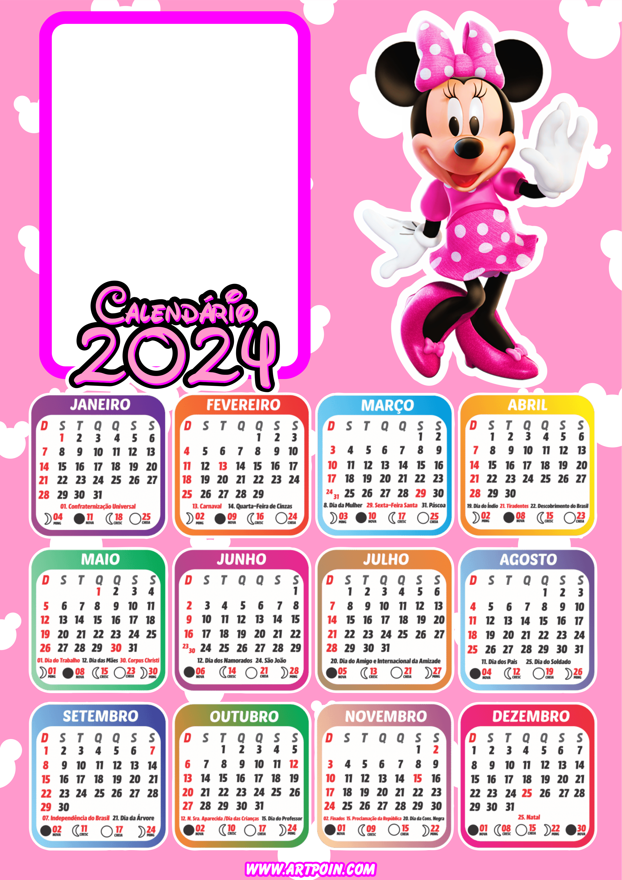 Calendário 2024 Minnie Mouse rosa personalizado com foto pronto para editar png