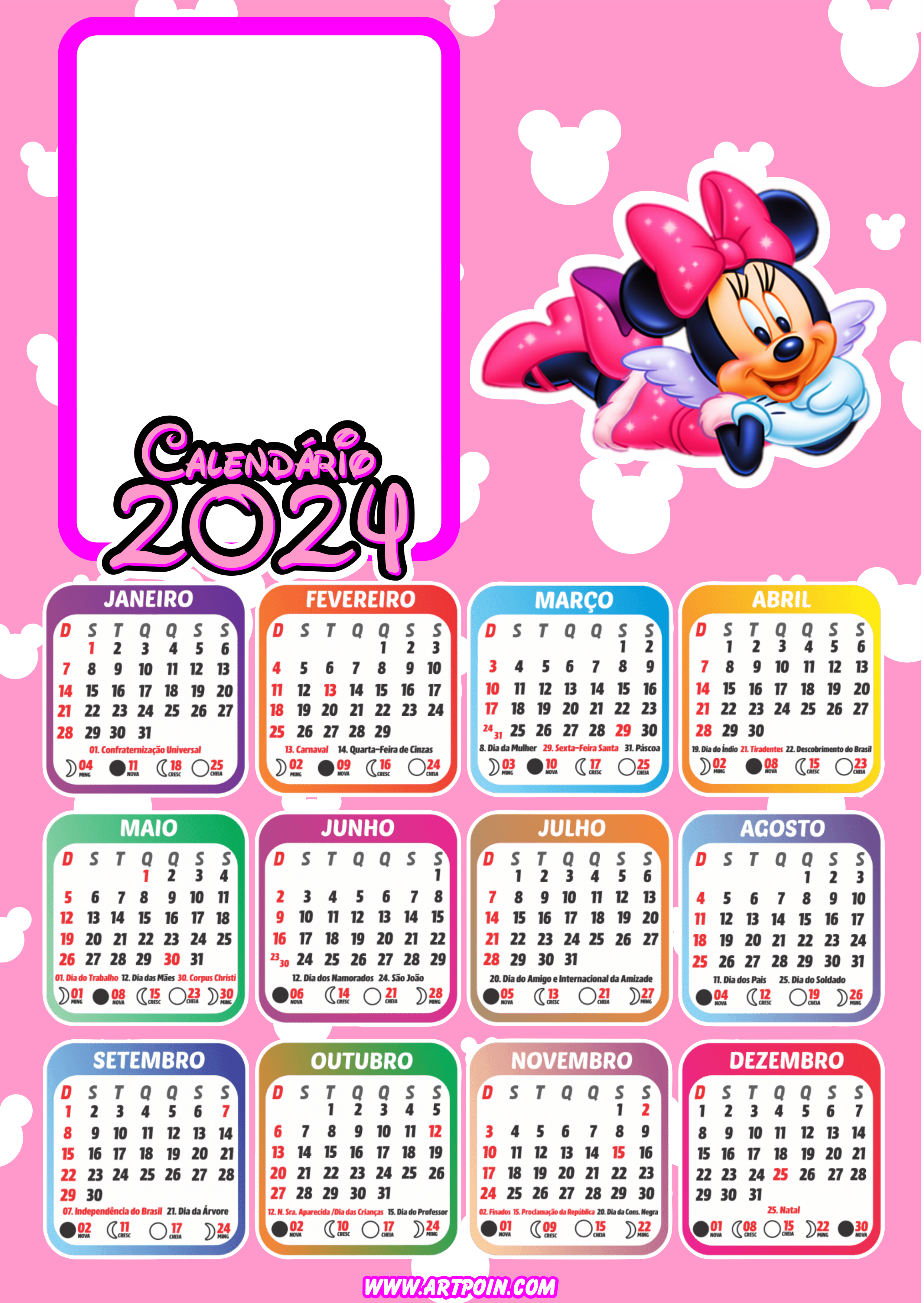 Calendário 2024 Minnie Mouse rosa personalizado com foto pronto para editar e imprimir png