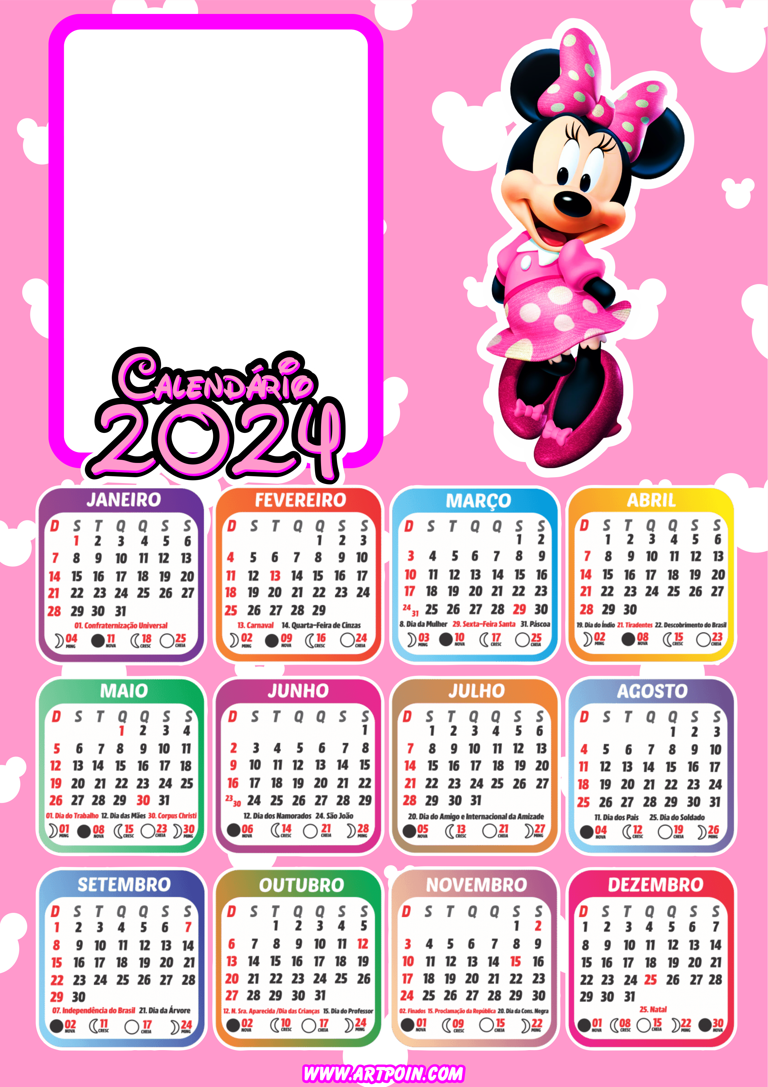 Calendário 2024 Minnie Mouse rosa personalizado com foto pronto para editar e imprimir Disney png