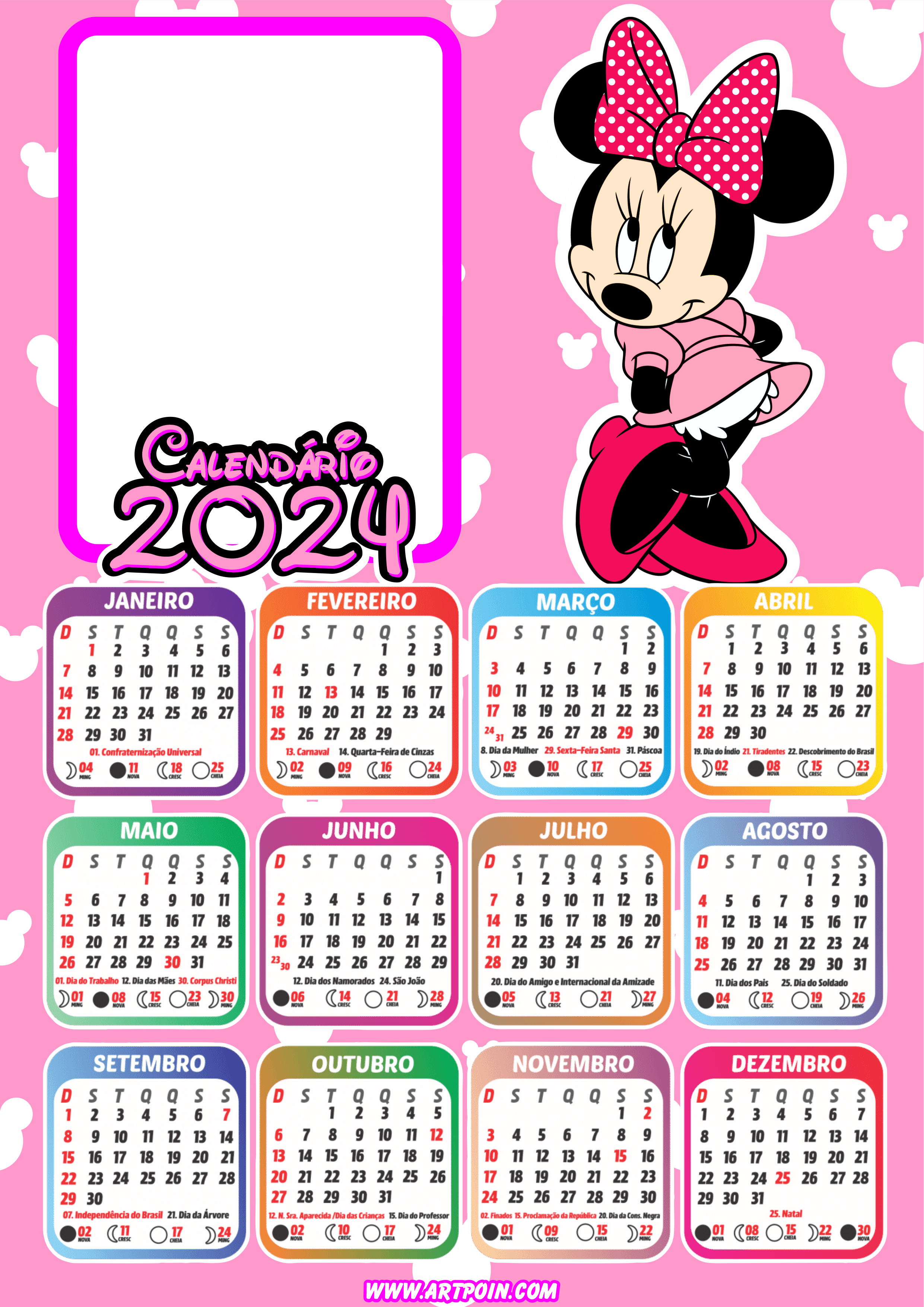 Calendário 2024 Minnie Mouse rosa personalizado com foto pronto para editar e imprimir Disney fazendo a nossa festa png