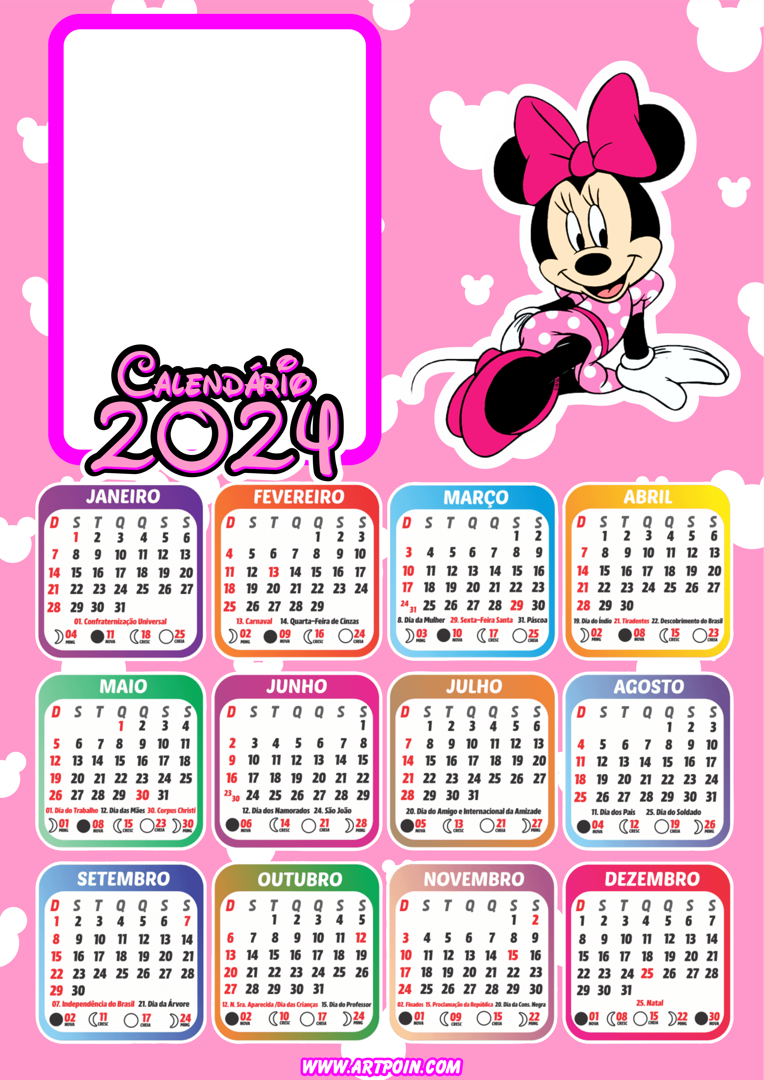Calendário 2024 Minnie Mouse rosa personalizado com foto pronto para editar e imprimir Disney personagens png