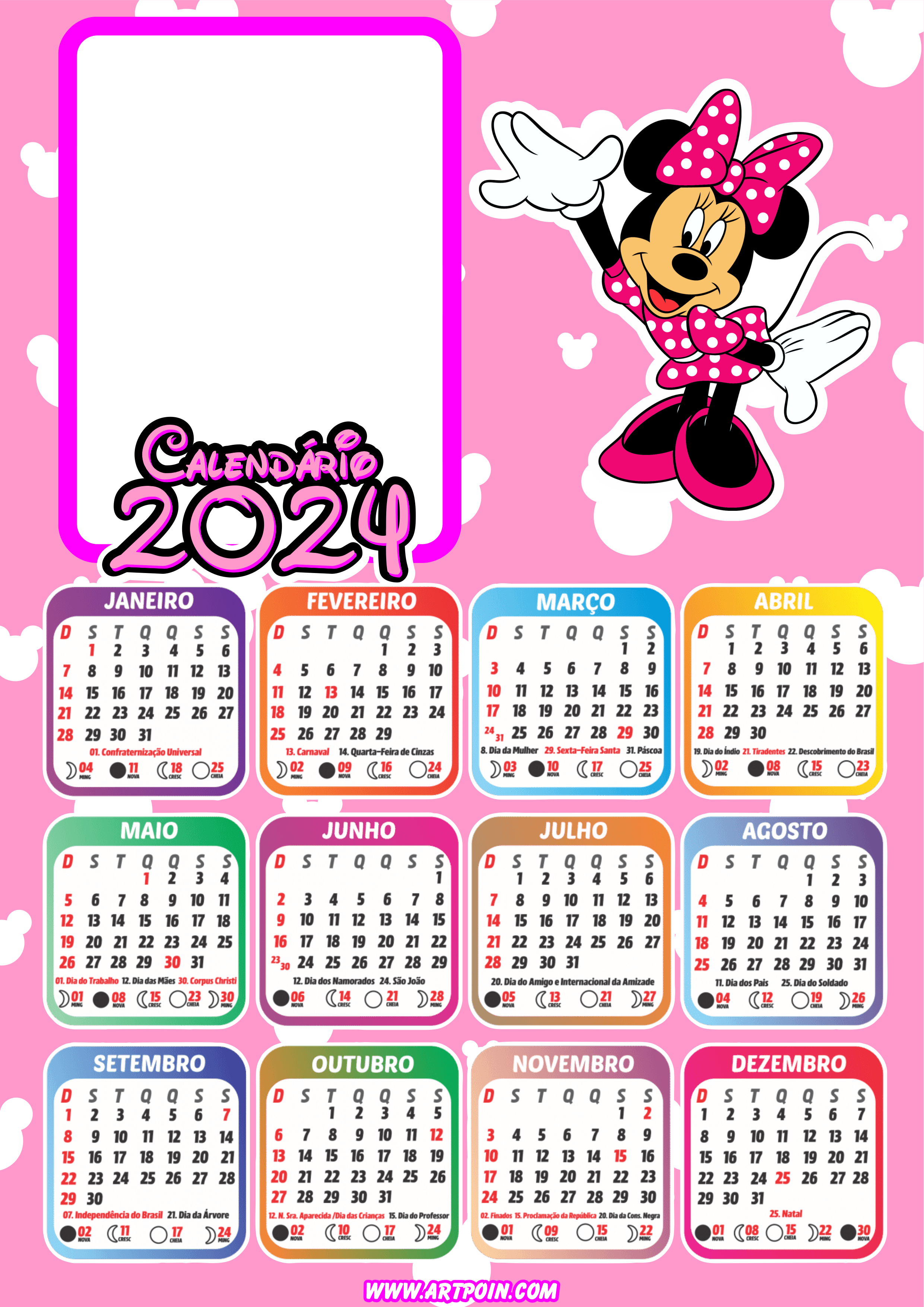 Calendário 2024 Minnie Mouse rosa personalizado com foto pronto para editar e imprimir Disney personagem infantil png
