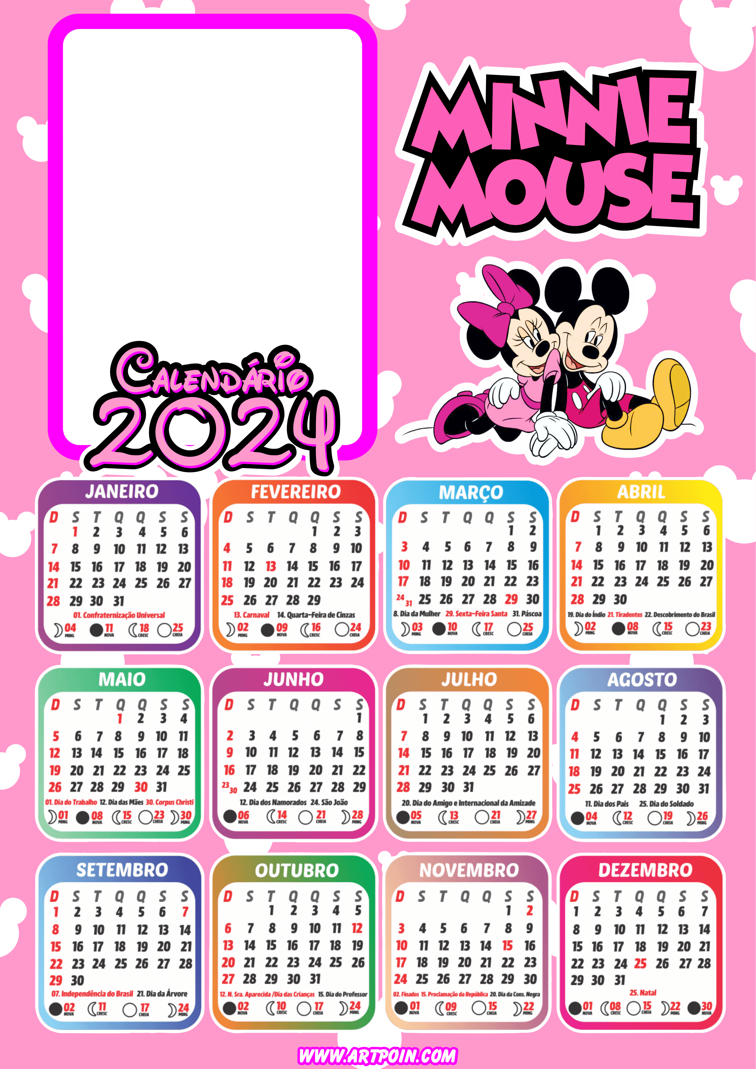 Calendário 2024 Minnie Mouse rosa personalizado com foto pronto para editar e imprimir Disney artes gráficas png