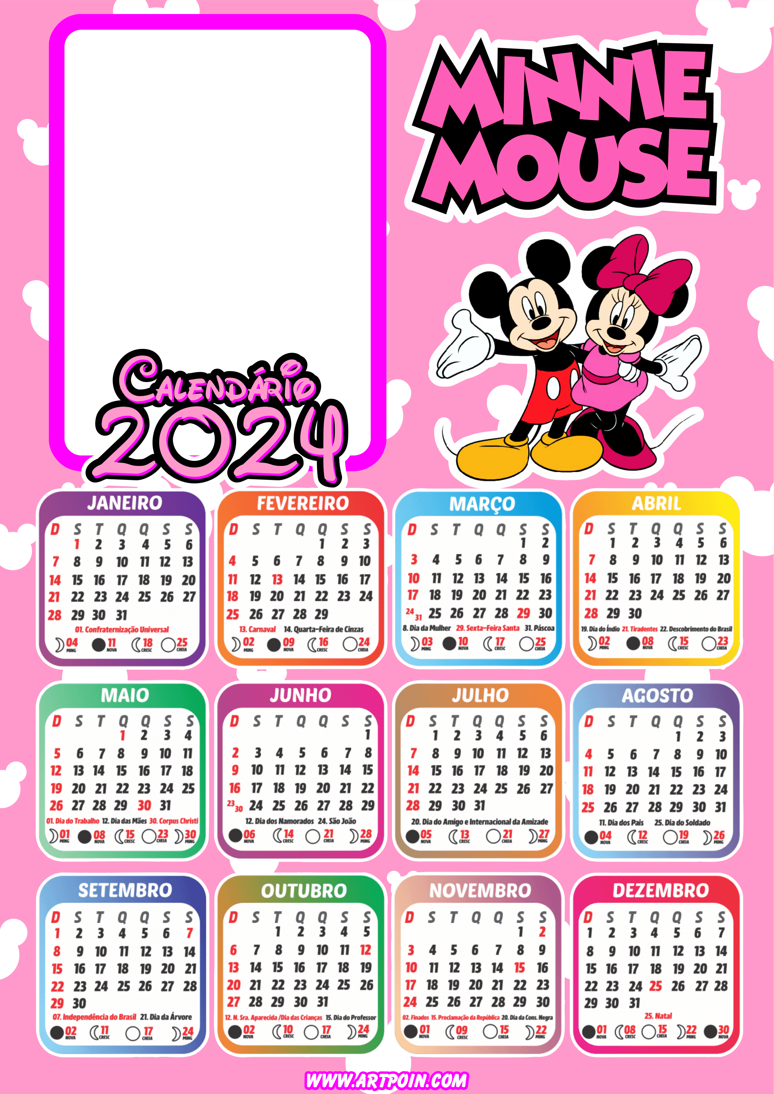 Calendário 2024 Minnie Mouse rosa personalizado com foto pronto para editar e imprimir Disney renda extra png