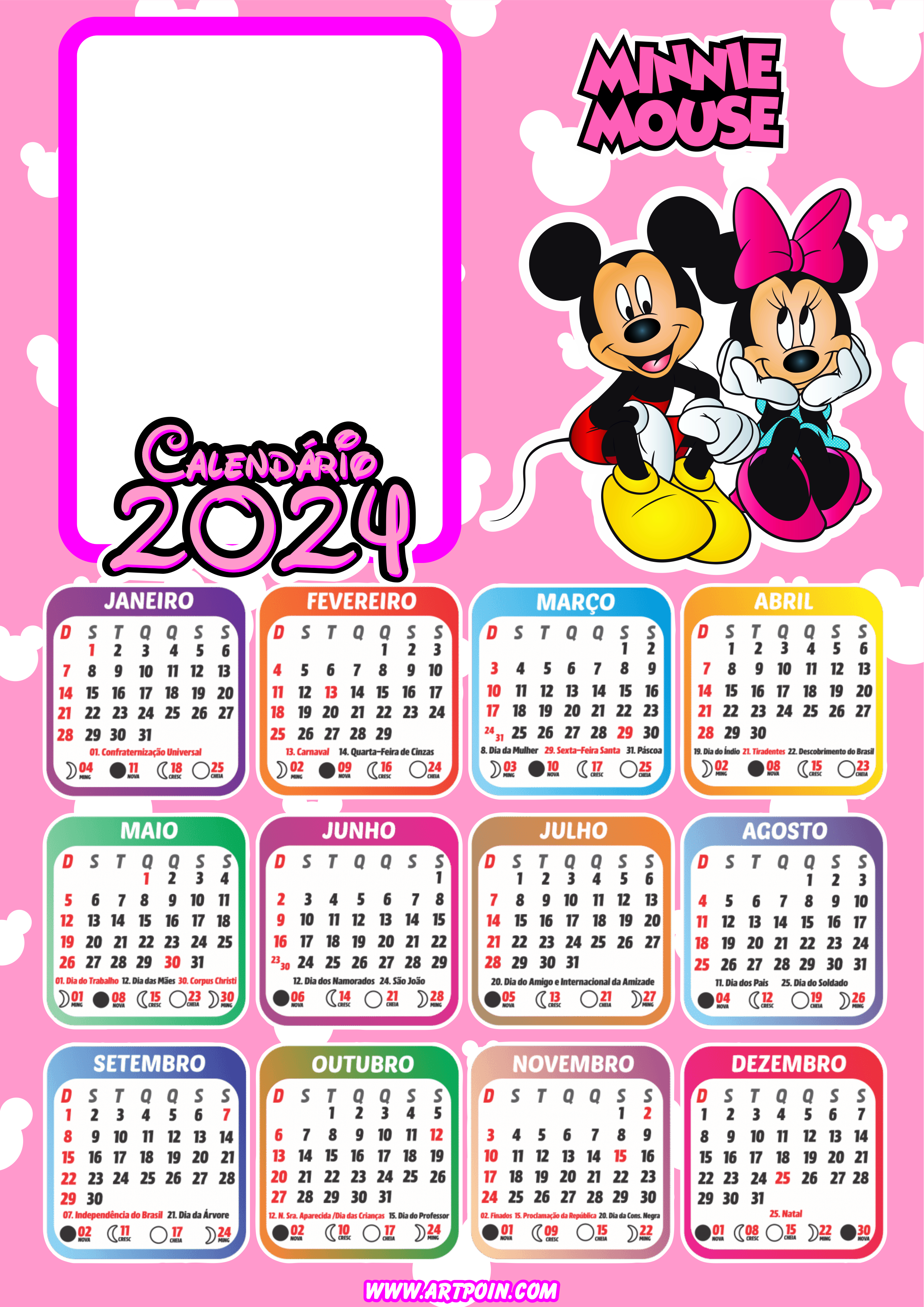 Calendário 2024 Minnie Mouse rosa personalizado com foto pronto para editar e imprimir Disney papelaria png