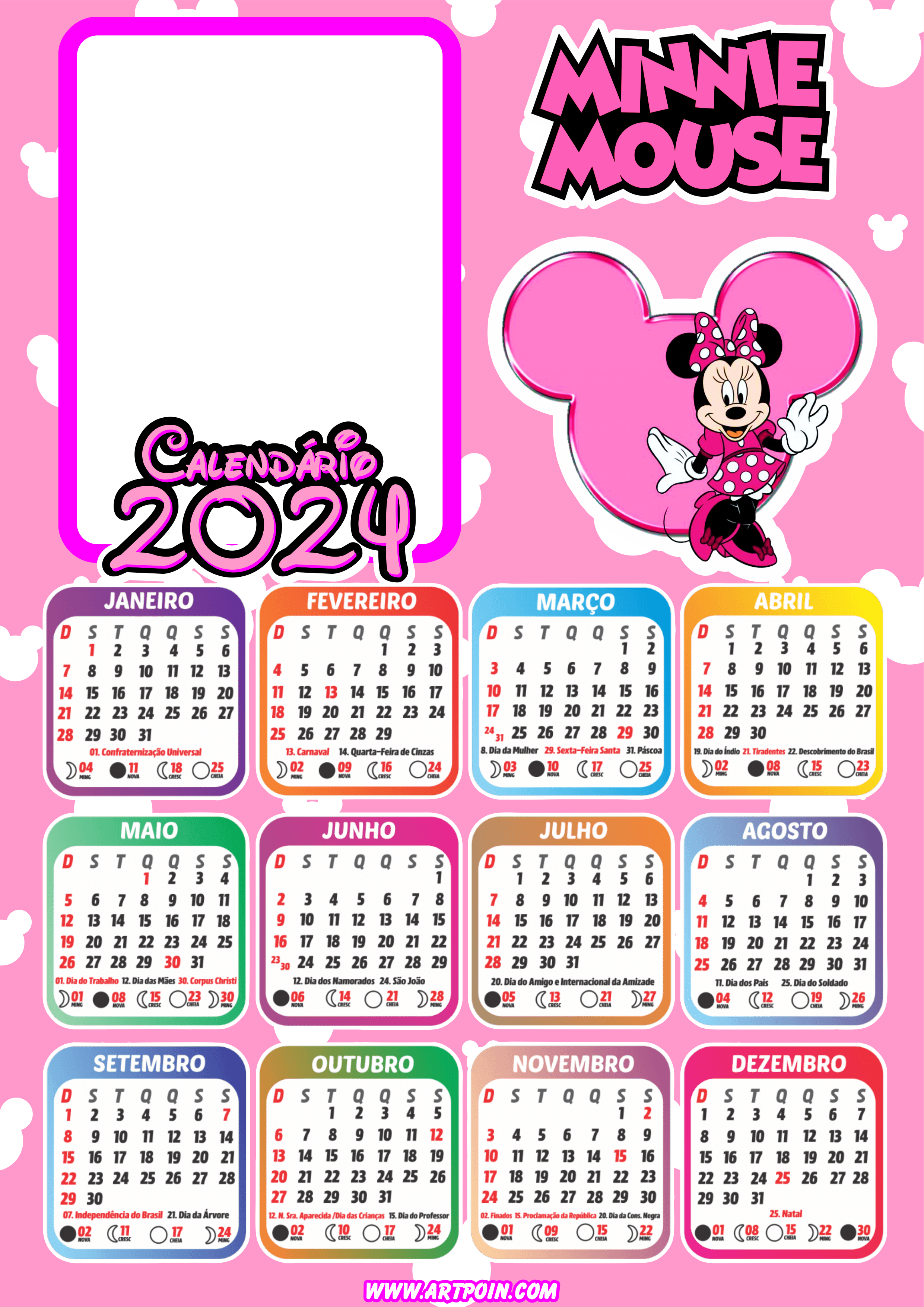 Calendário 2024 Minnie Mouse rosa personalizado com foto pronto para editar e imprimir Disney papelaria criativa png