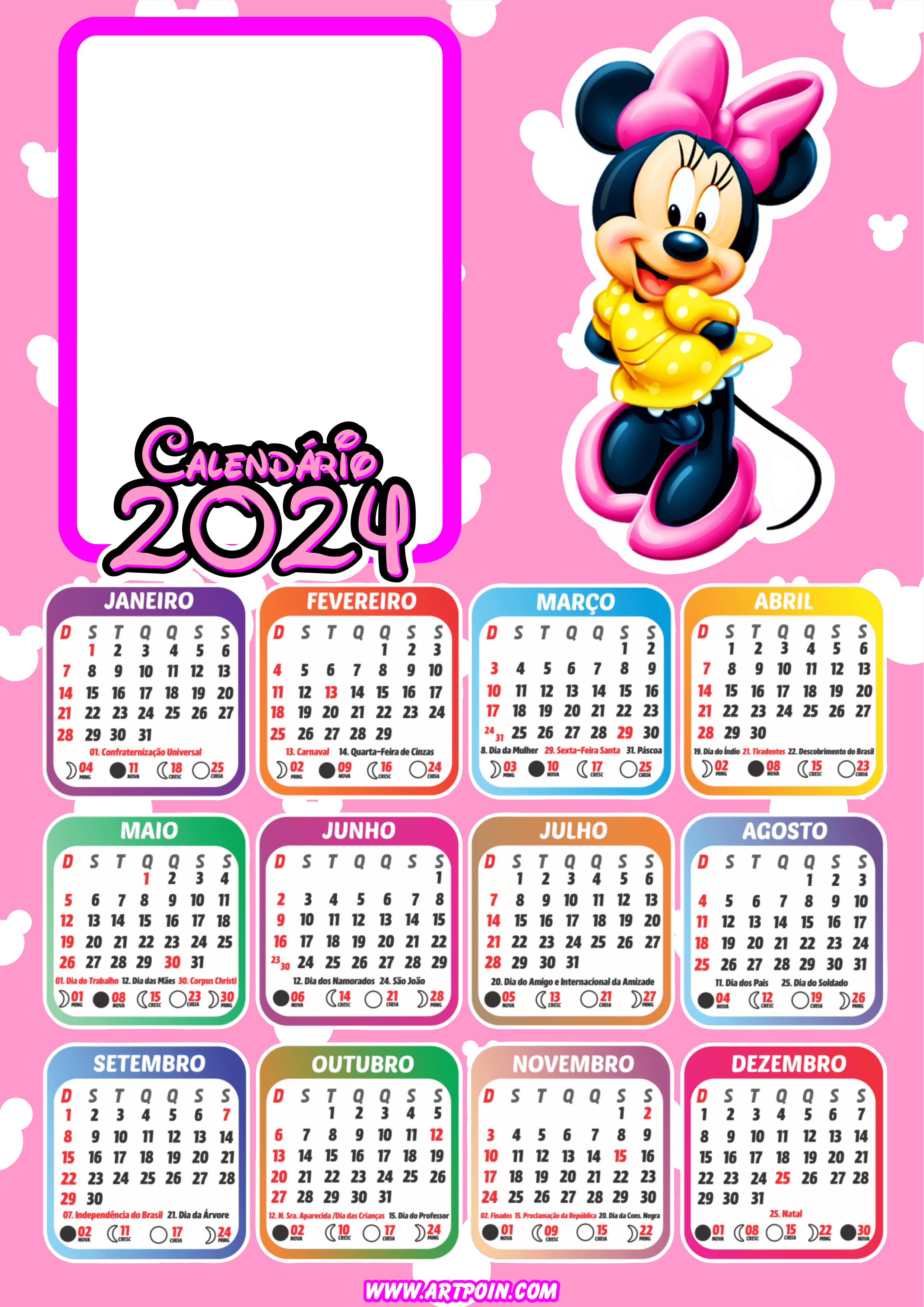 Calendário 2024 Minnie Mouse rosa personalizado com foto Disney png