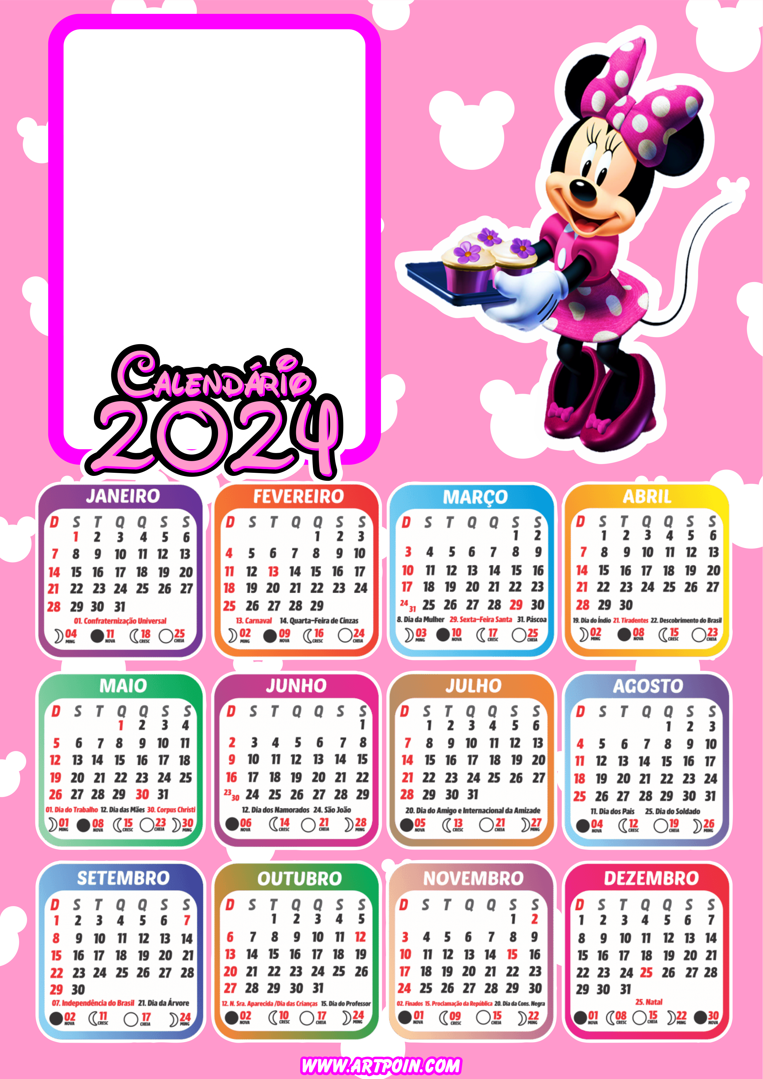 Calendário 2024 Minnie Mouse rosa personalizado com foto Disney desenho infantil png