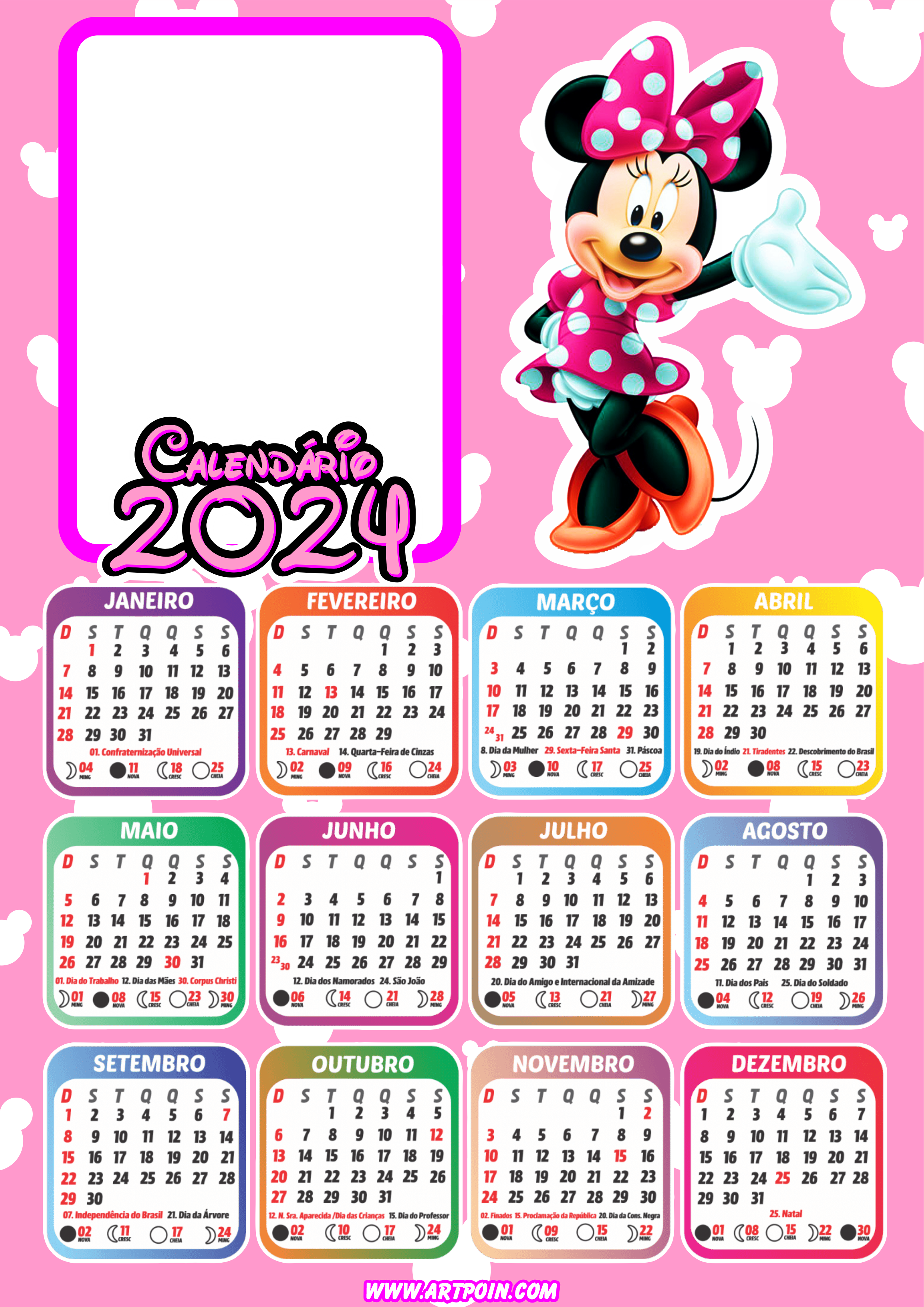 Calendário 2024 Minnie Mouse rosa personalizado com foto Disney personagem infantil png
