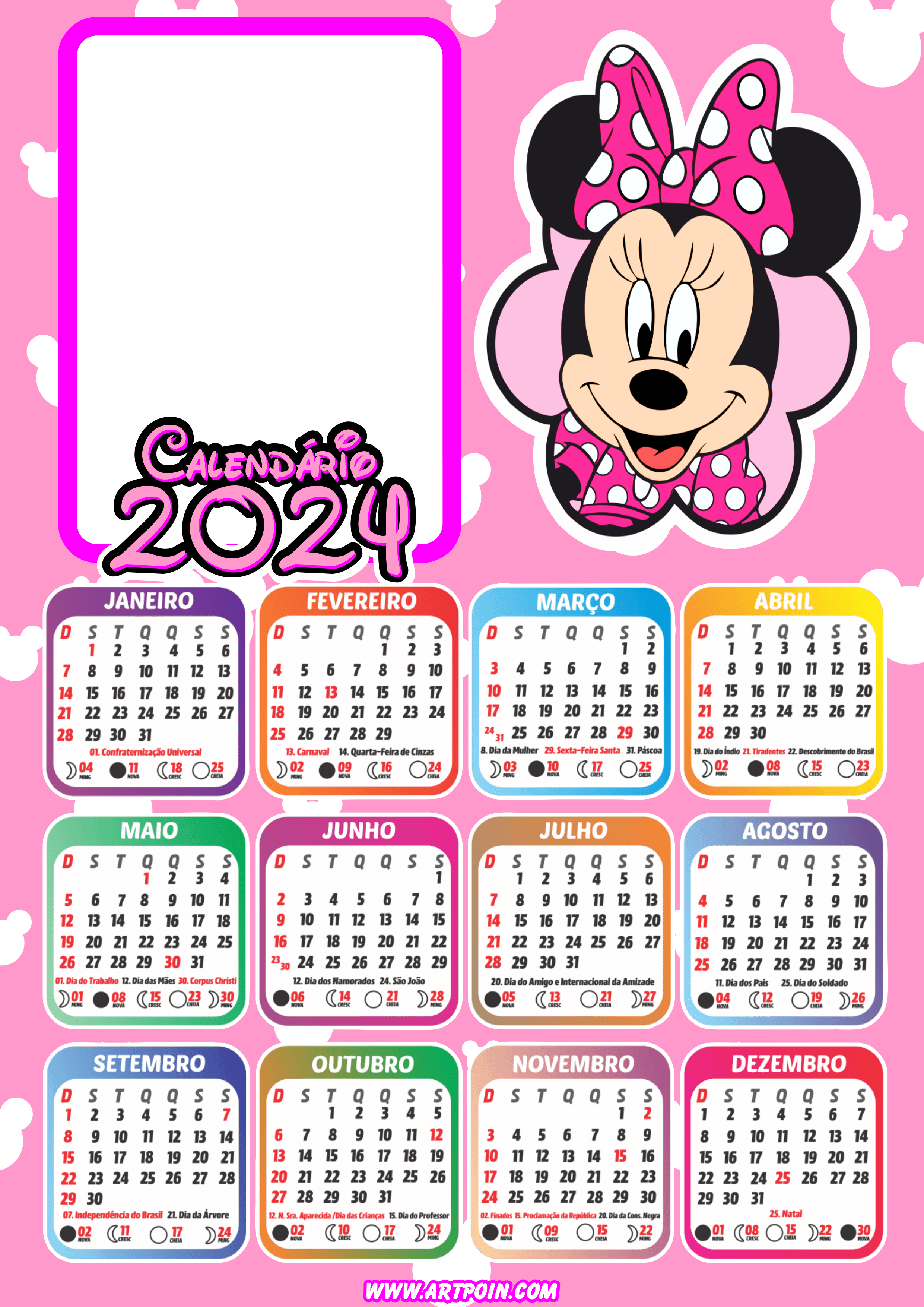Calendário 2024 Minnie Mouse rosa personalizado com foto Disney personagem infantil artigos de papelaria png