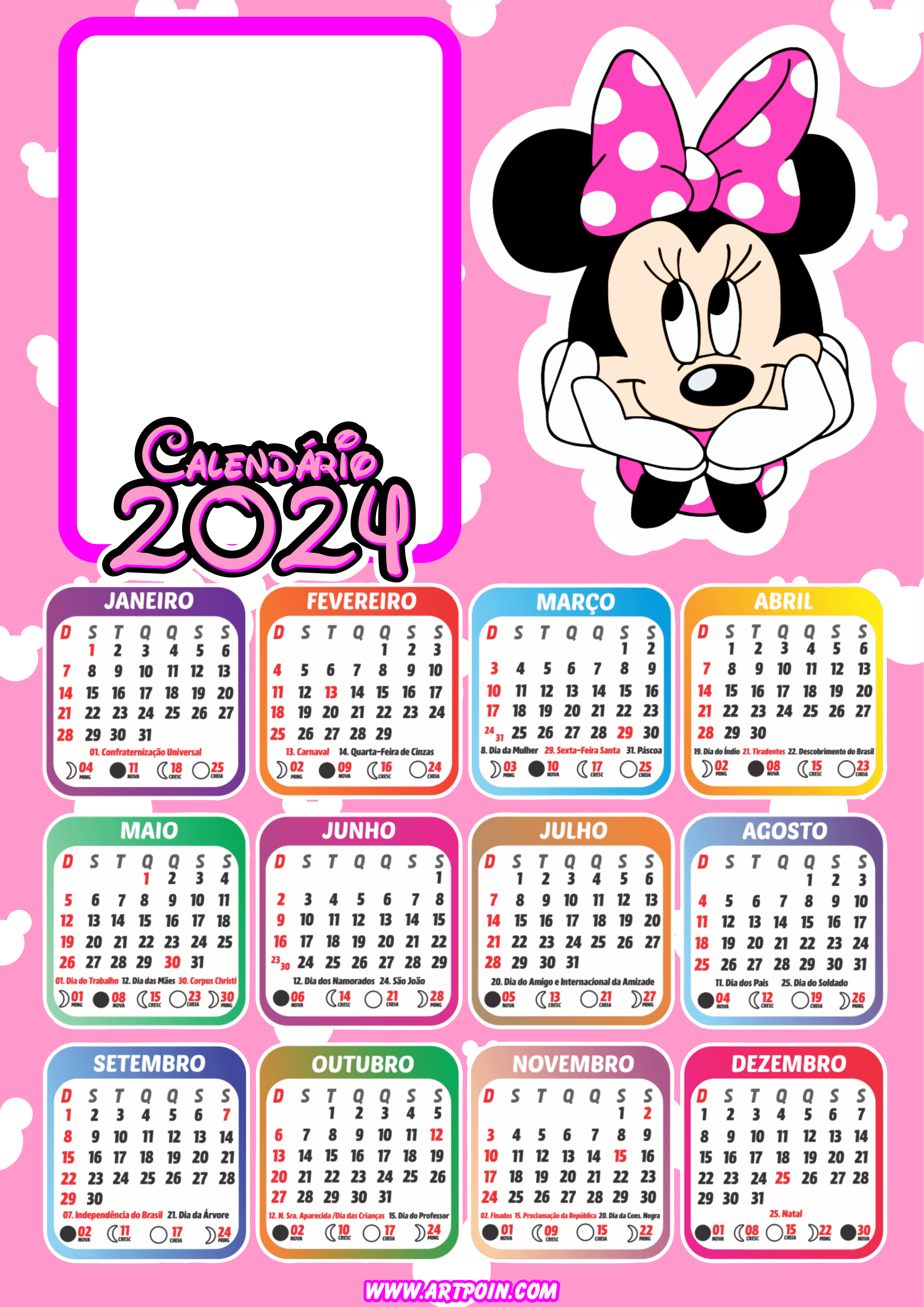Calendário 2024 Minnie Mouse rosa personalizado com foto Disney personagem infantil papelaria criativa png