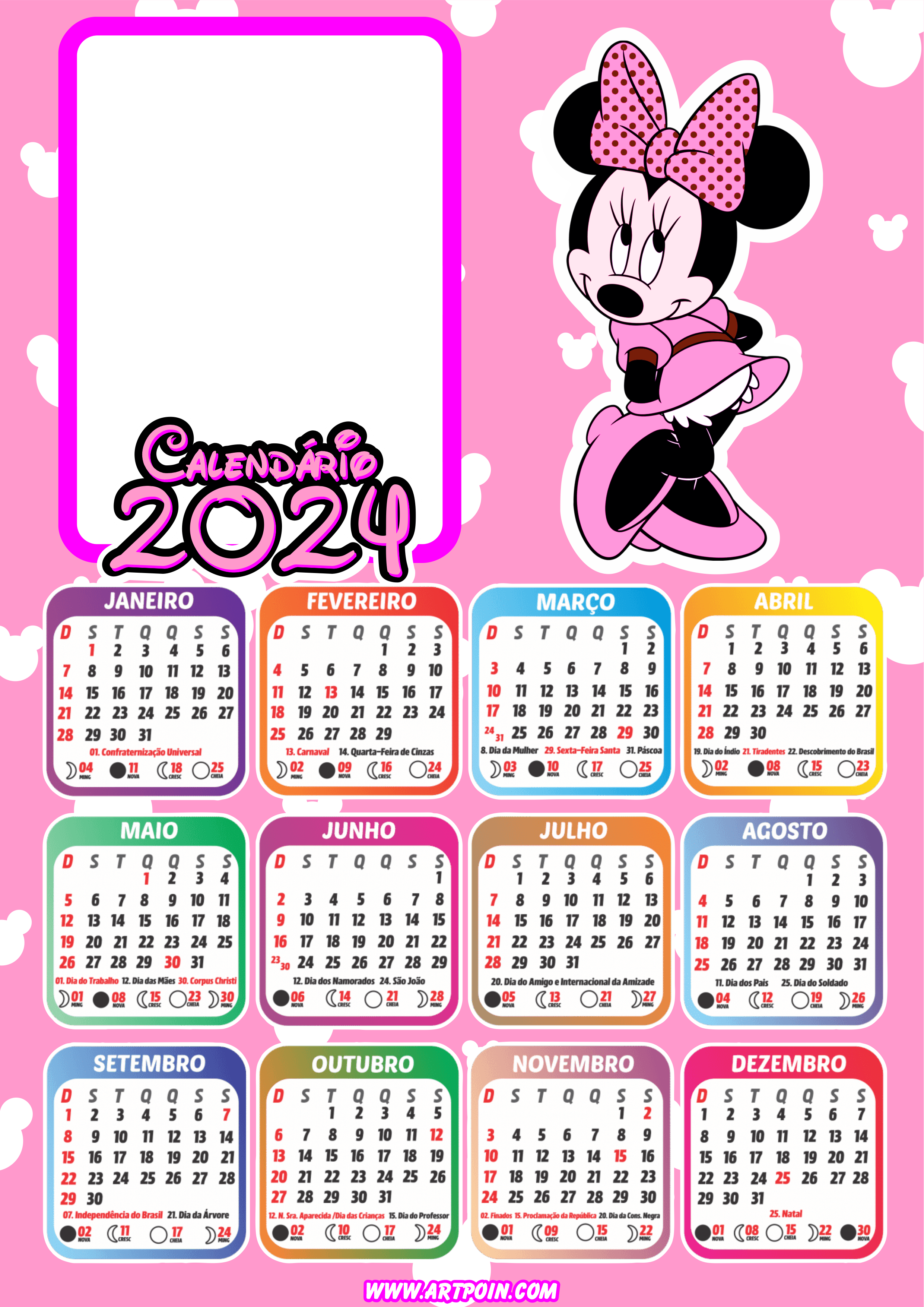 Calendário 2024 Minnie Mouse rosa personalizado com foto Disney personagem infantil design png