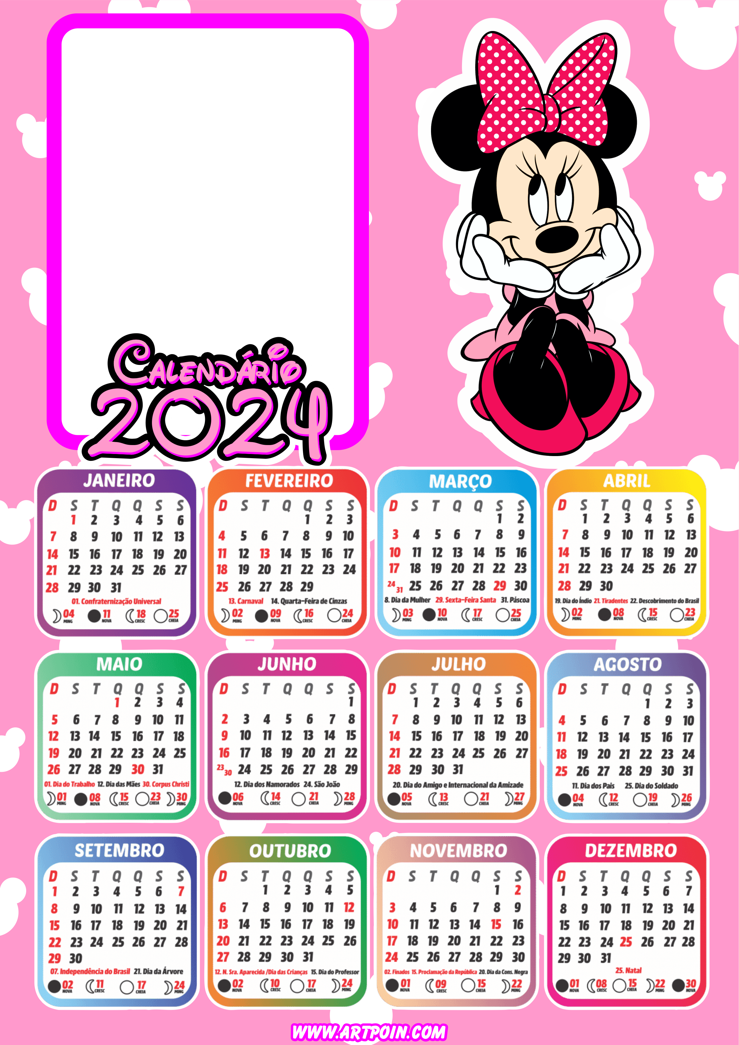 Calendário 2024 Minnie Mouse rosa personalizado com foto Disney personagem infantil design grátis png